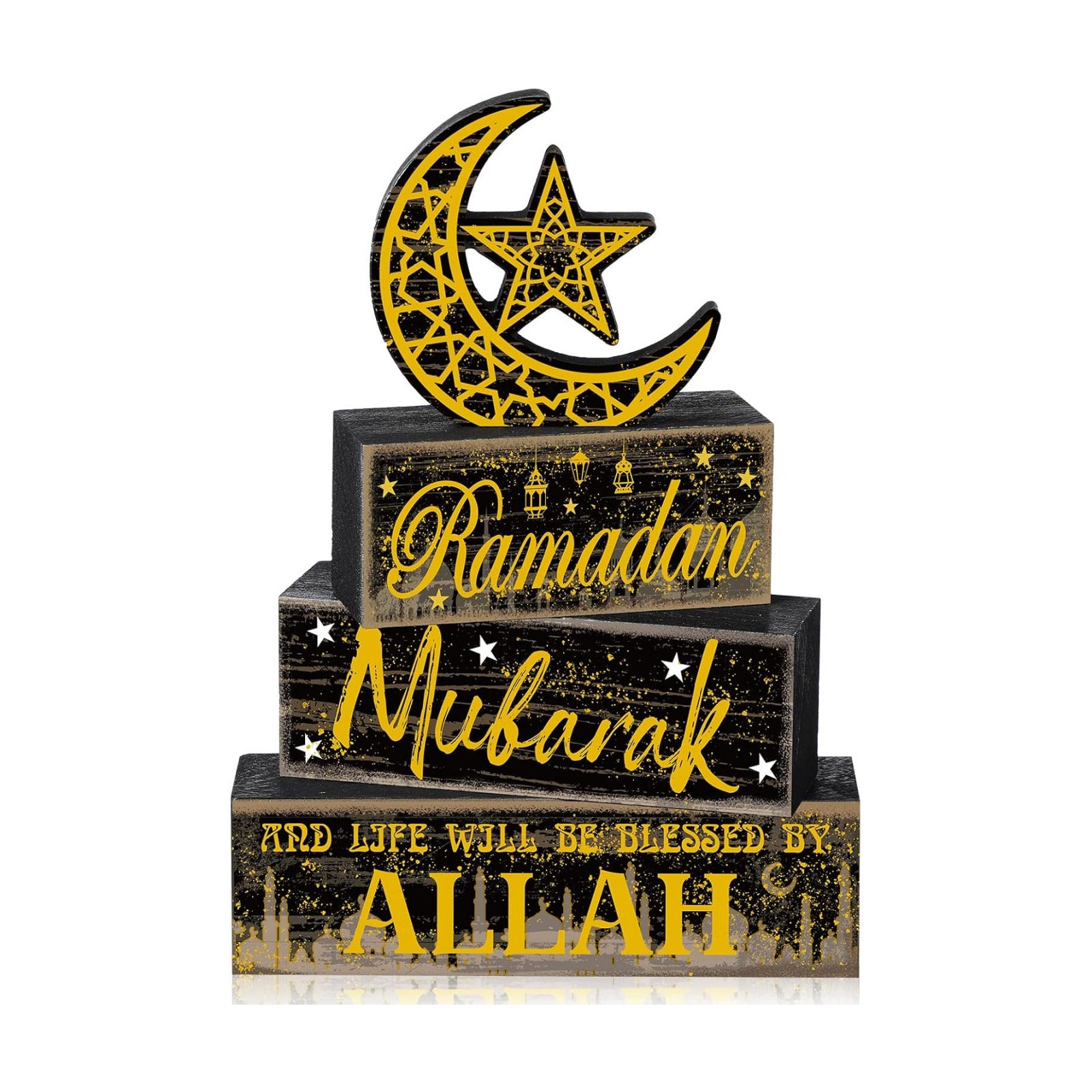Moucuny 4 Pcs Ramadan Mubarak Wooden Block Signs, Farmhouse Table Decor