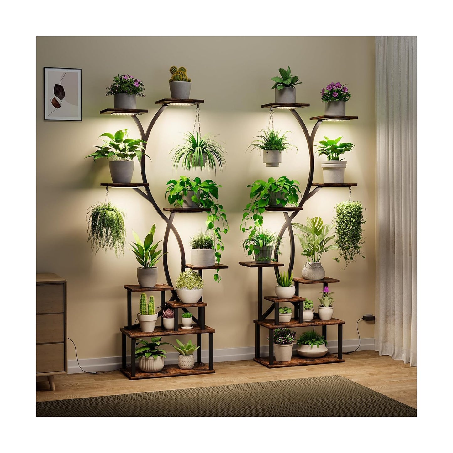 Plant Stand Indoor with Grow Lights 9 Tiered Wood Plant Shelf 62" Tall Plant Stand Metal Frame for Indoor Plants