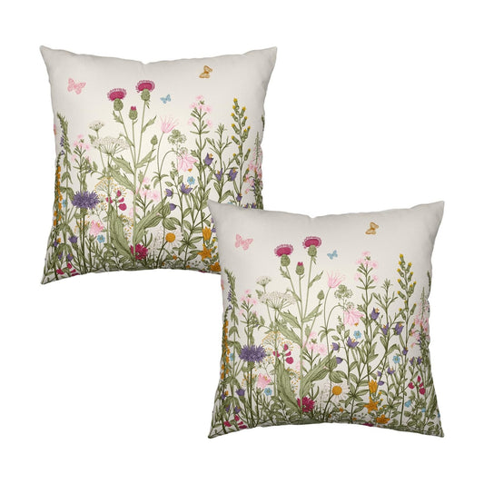 Spring Vintage Floral Pillow Covers 20x20 Set of 2 Sage Green Wildflower Plant Outdoor Throw Pillows Case Summer Rustic Wild Flowers Botanical Print Pillowcase for Farmhouse Sofa Couch Bed Decor