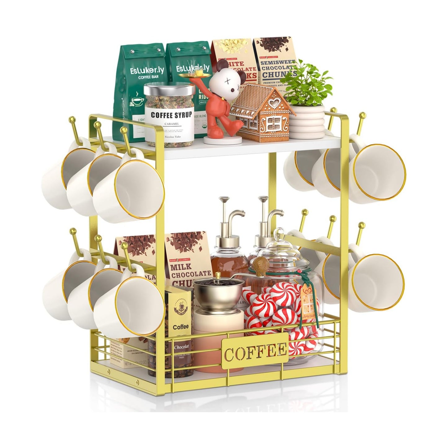 EsLuker.ly Coffee Mug Cup Holder Tree Bar Station Organizer, 2 Tier Gold | Mug Stand Rack for Countertop Kitchen