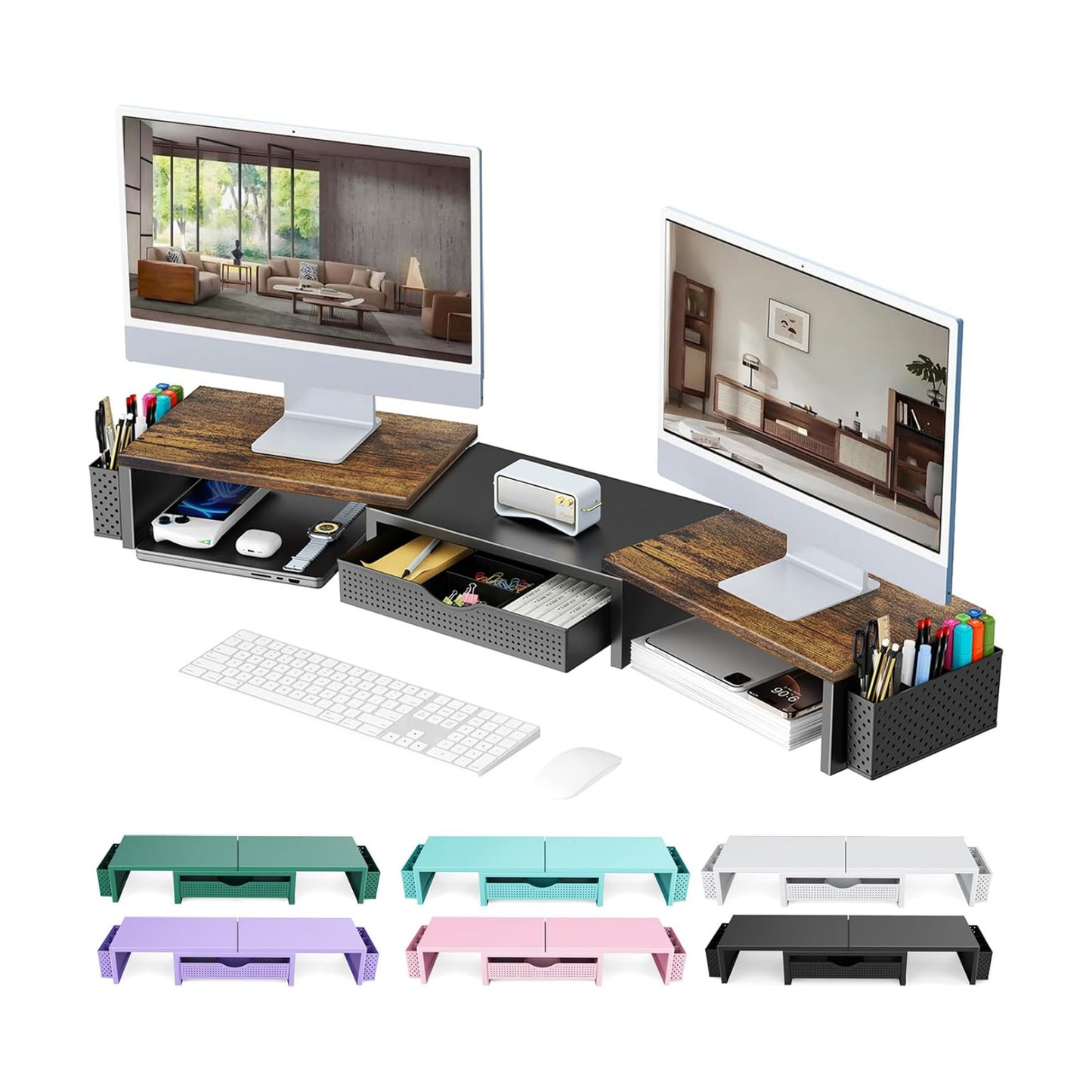 gianotter Dual Monitor Stand Riser With Drawer and 2 Pen Holders | Wood Computer Monitor Stand Desk Organizer and