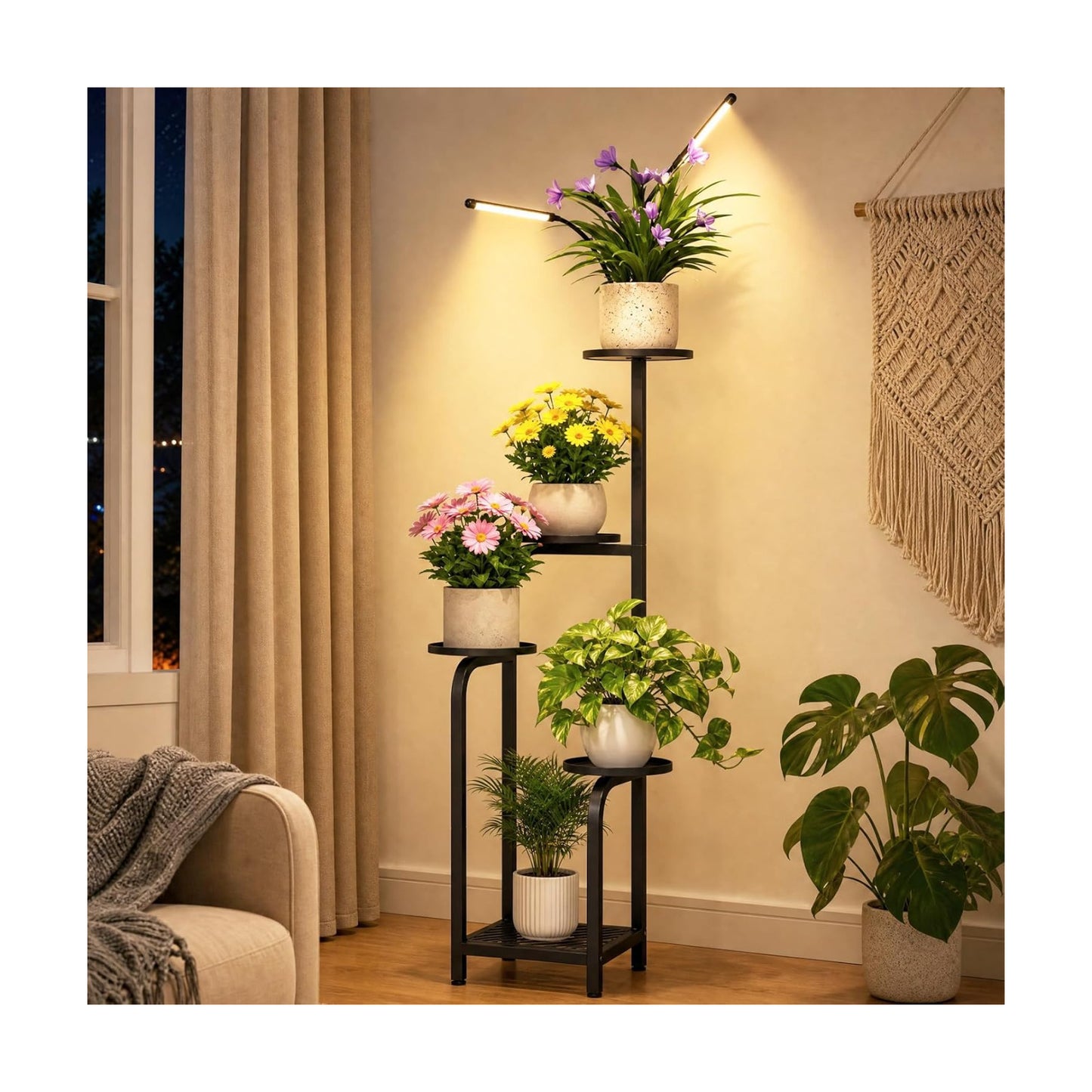 TOSKING Tall 5-Tier Metal Plant Stand with Grow Light for Indoor Corners | Black | Full-Spectrum Lighting | Adjustable