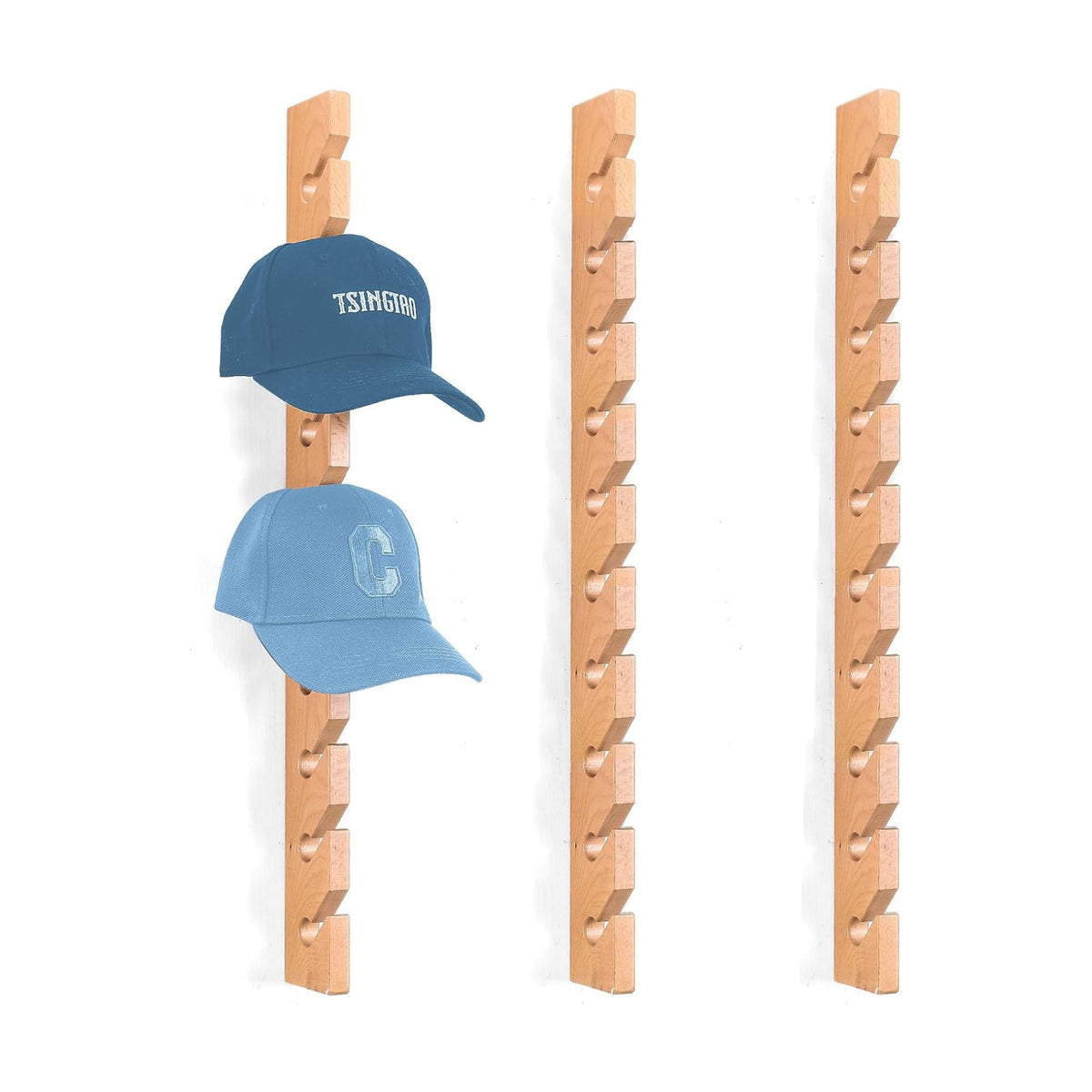 3 Pack Beech Wood Hat Rack for Wall – 10 Hooks Baseball Cap Organizer | Vertical Hats Hooks & Display Holder Storage