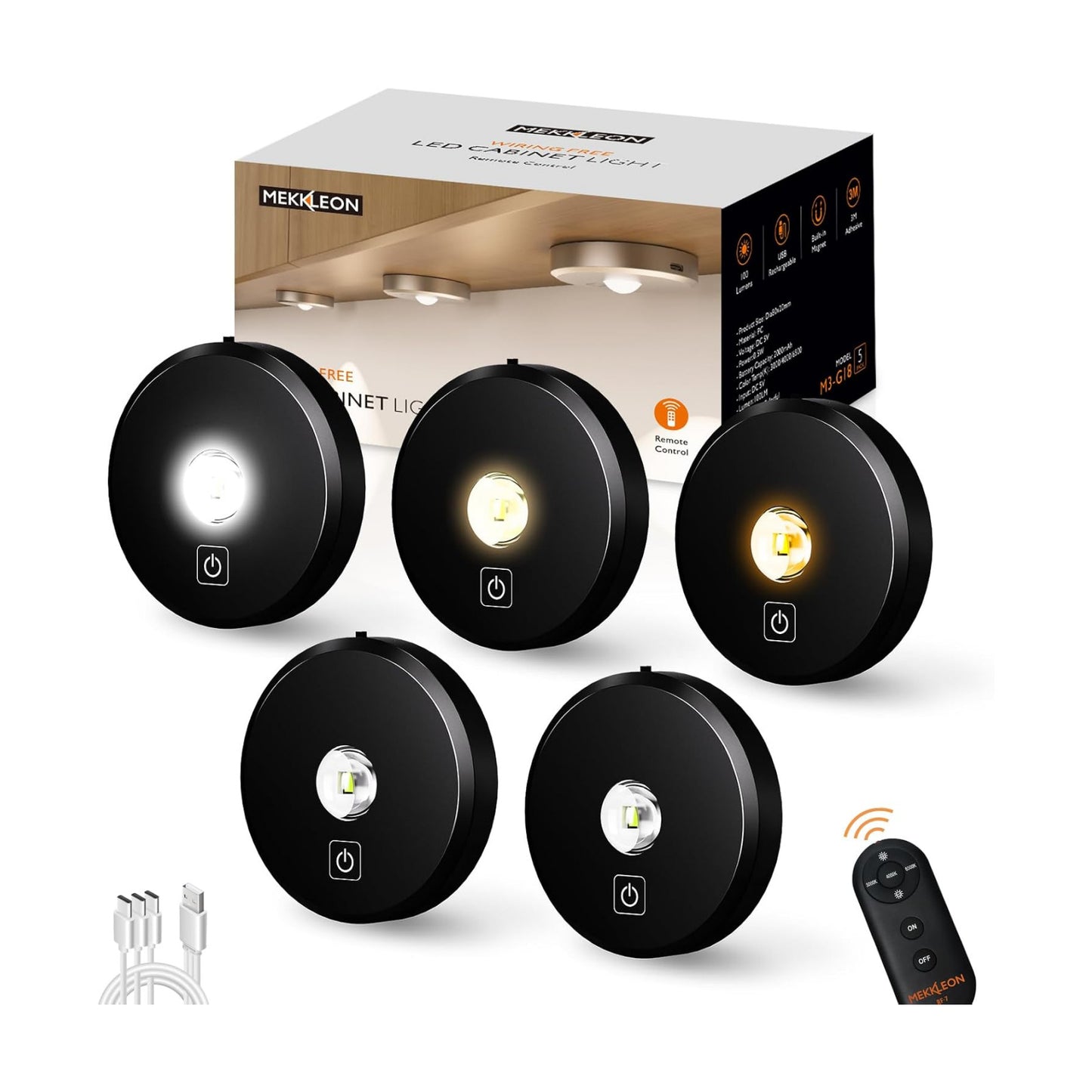 Puck Lights with Remote Control,Under Cabinet Lighting,black,5PCS | 2200mAh Rechargeable Push Light,3 Color