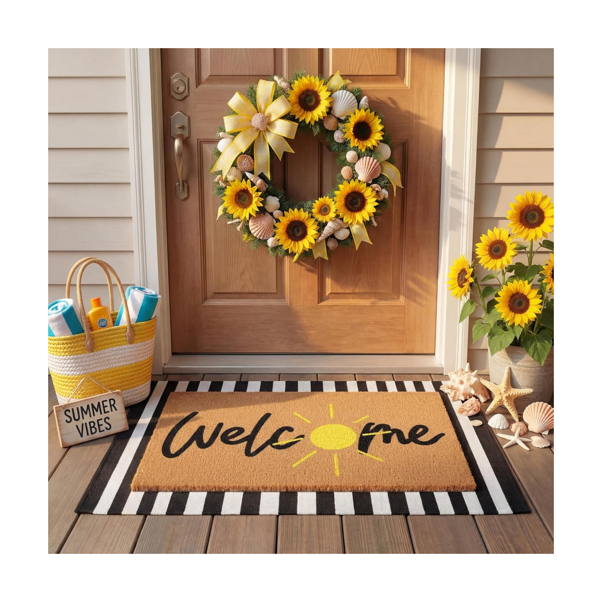 Tinideya 2 Pcs Sunshine Layered Doormat Set for Front Door Decor