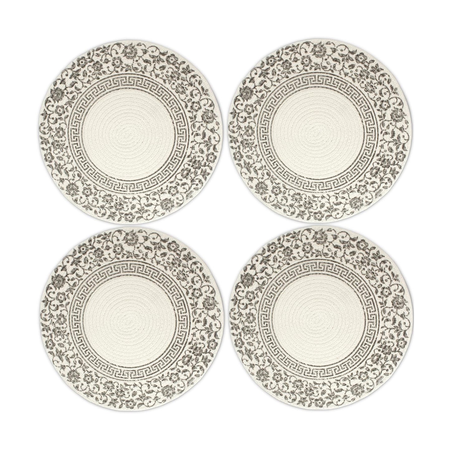 Encasa XO Placemats, Round Cotton Dining Table Mats 13" | Printed Grey, Handcrafted Ribbed Texture | Heat Resistant