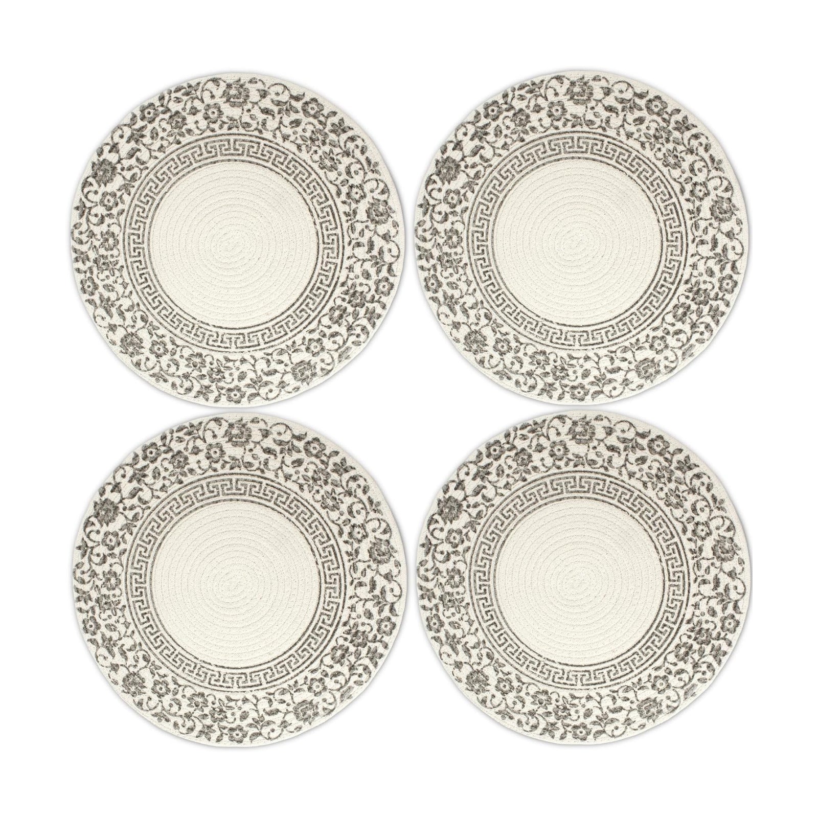 Encasa XO Placemats, Round Cotton Dining Table Mats 13" | Printed Grey, Handcrafted Ribbed Texture | Heat Resistant