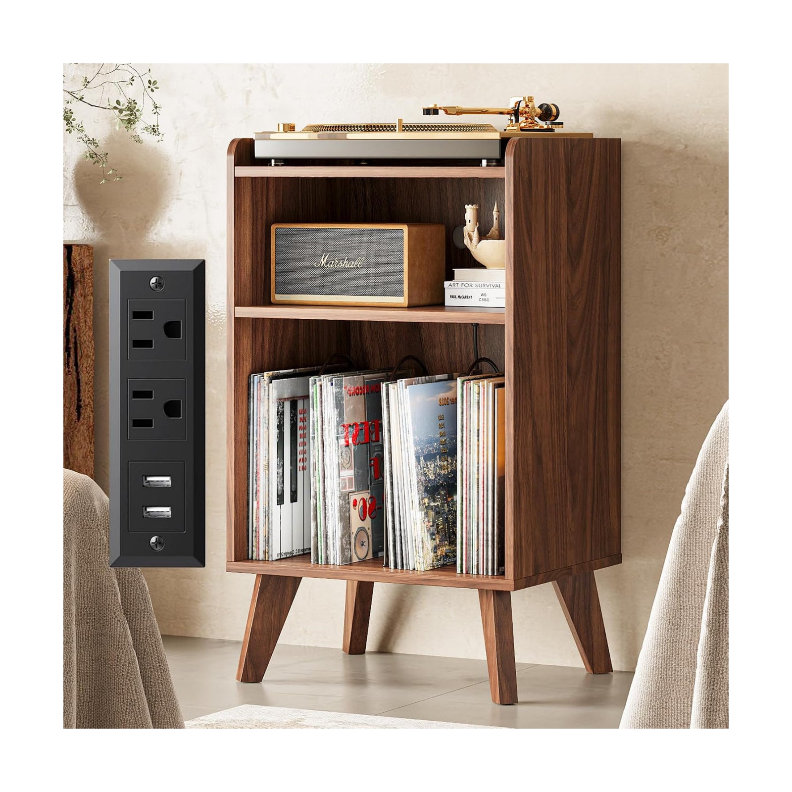 Record Player Stand, Turntable Stand with Record Storage and Charging Station & USB Ports, Record Player Table with