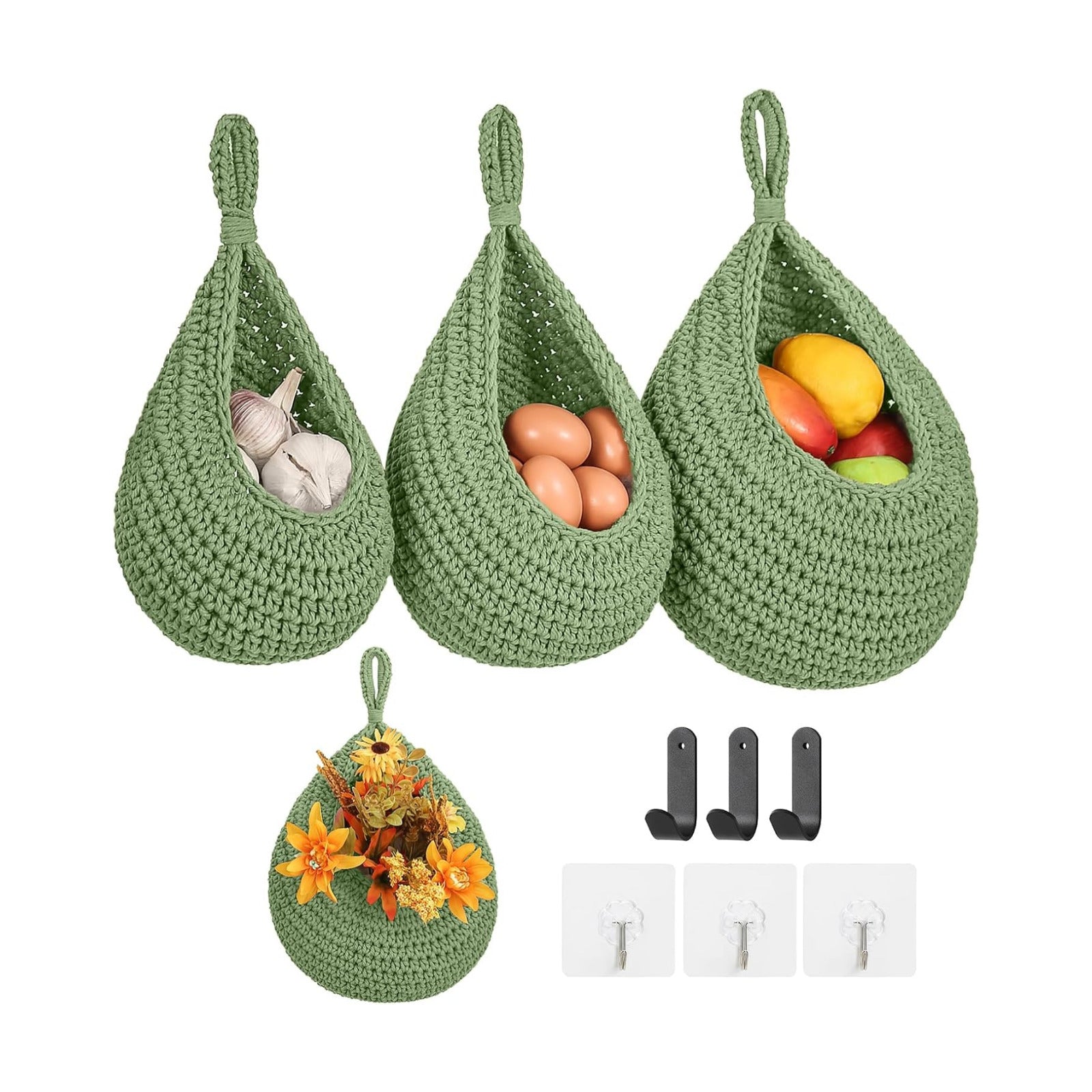 Boho Wall Hanging Fruit Baskets / Green / Set of 6