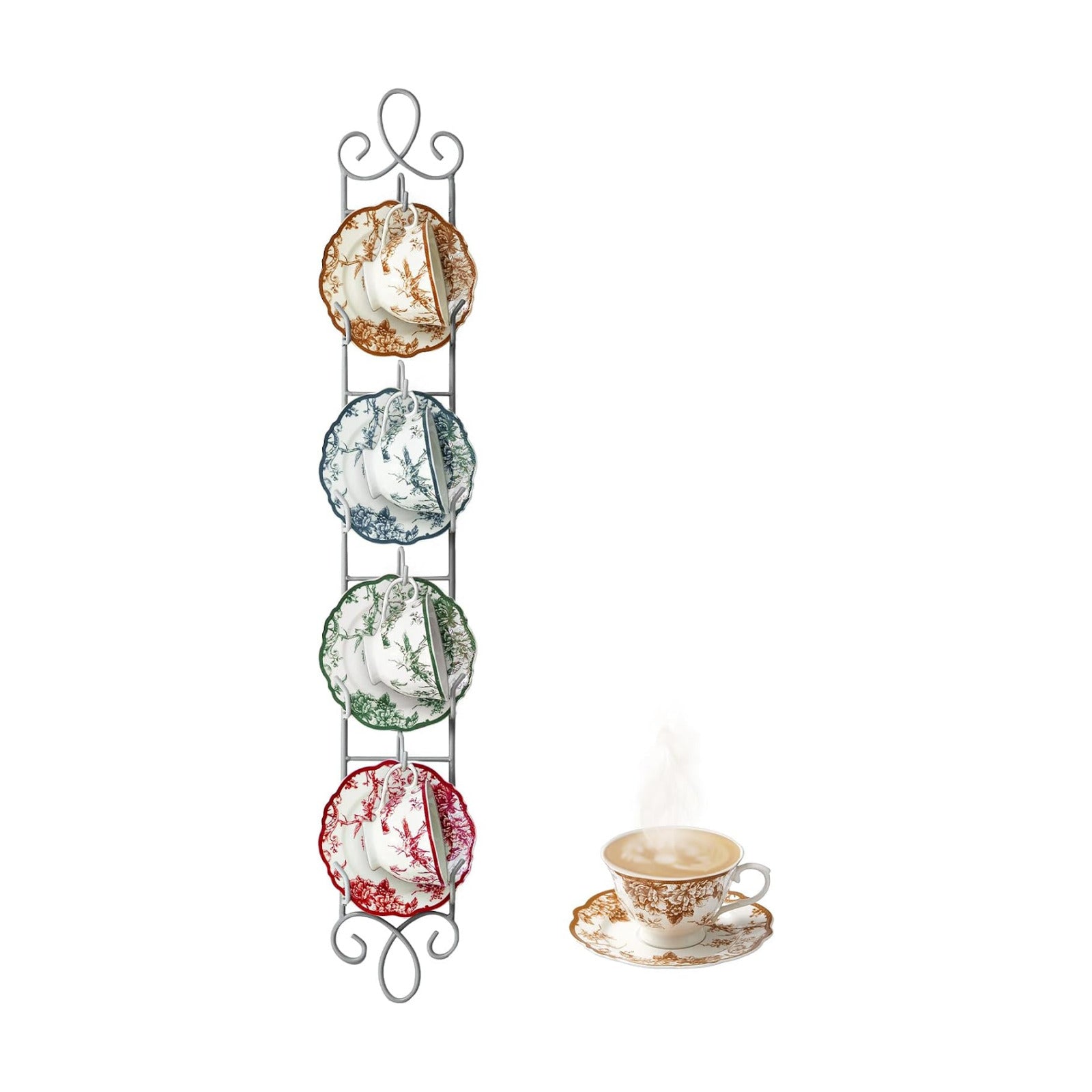 Blulu 1 Pcs Wall Mounted Tea Cup & Saucer Display Rack 4 Tiers,White | 36 x 5 Inch Vertical Metal Mug & Plate Hanger