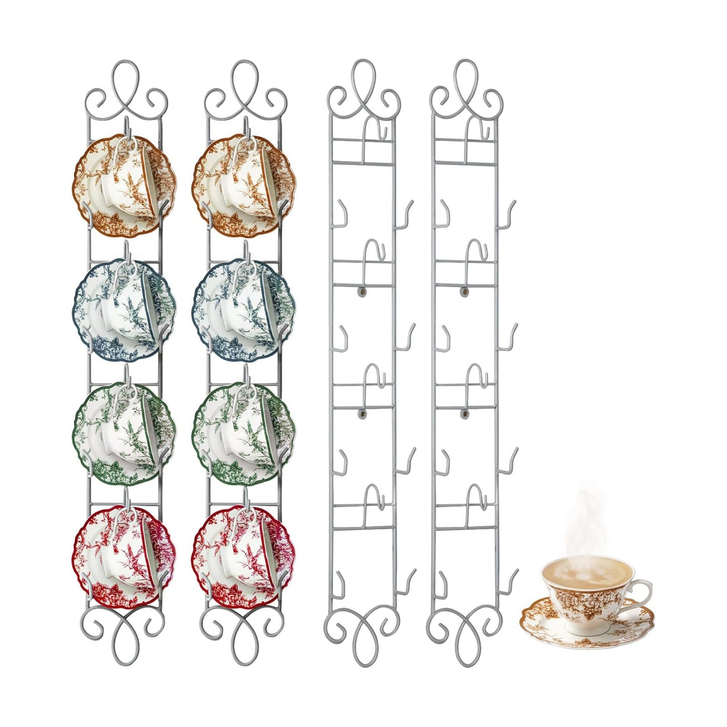 Blulu 4 Pcs Wall Mounted Tea Cup & Saucer Display Rack 4 Tiers,White | 36 x 5 Inch Vertical Metal Mug & Plate Hanger