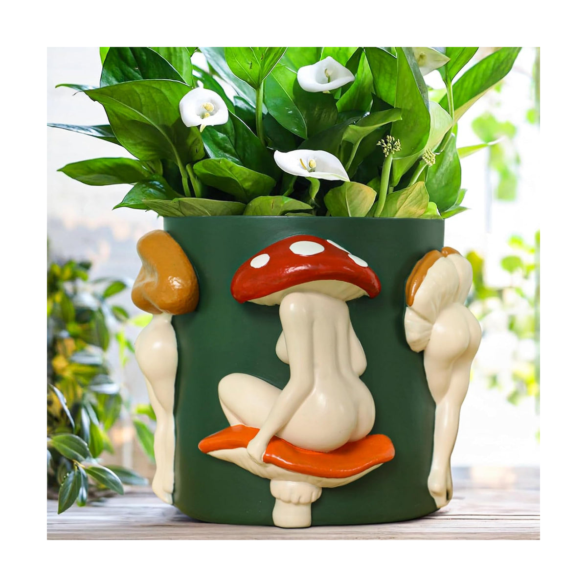 GUGUGO Mushroom Lady Body Plant Pots 8 Inch, Quirky Unique Cute Planters Boho Funky Eclectic Home Decor, Mushroom Butt Flower Pots, Indoor Planting Pot, Modern Aesthetic for Decorating, Dark Green