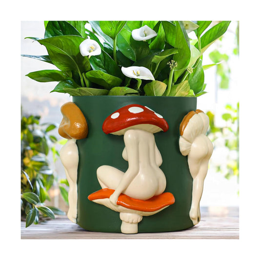GUGUGO Mushroom Lady Body Plant Pots 8 Inch, Quirky Unique Cute Planters Boho Funky Eclectic Home Decor, Mushroom Butt Flower Pots, Indoor Planting Pot, Modern Aesthetic for Decorating, Dark Green