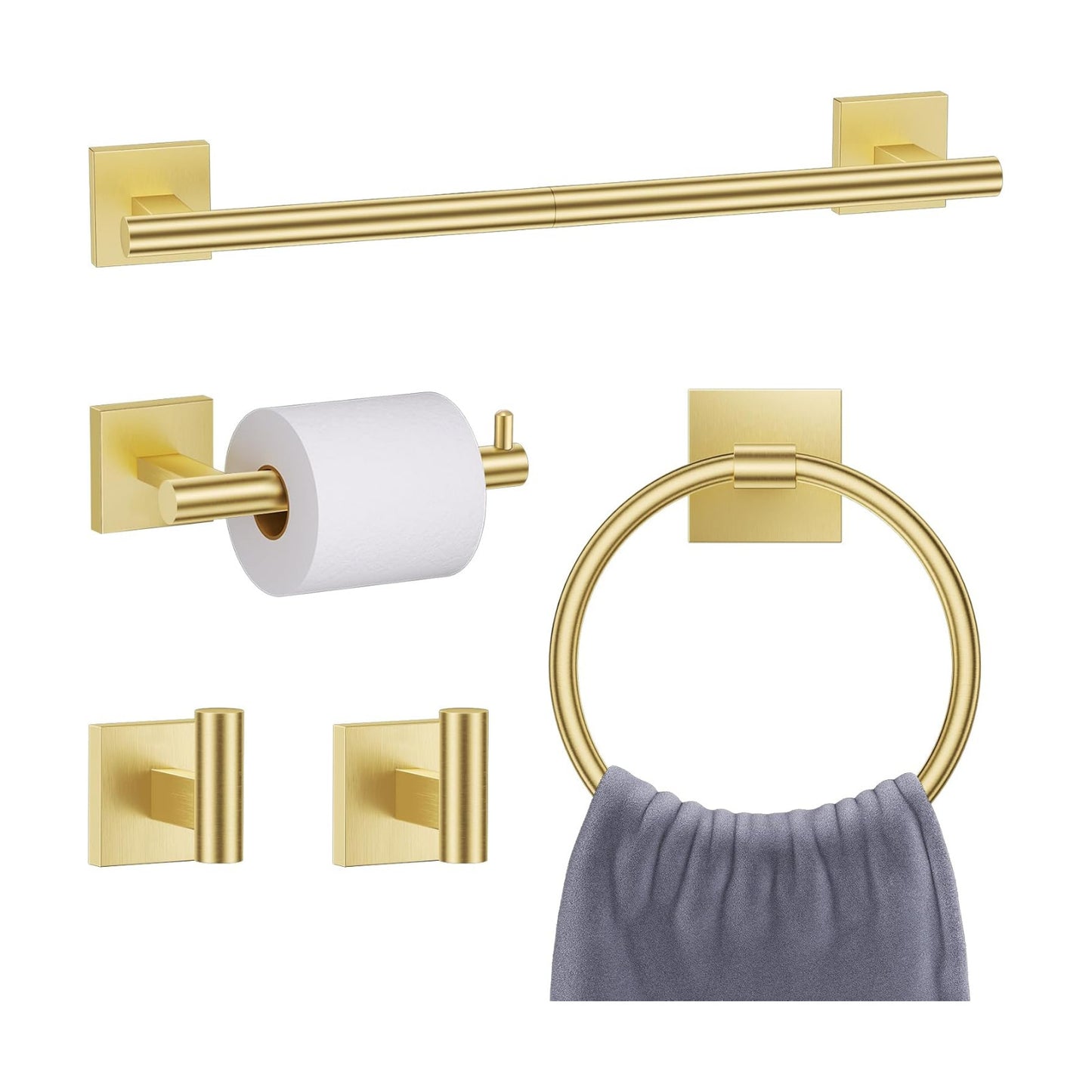 Brushed Gold Toilet Paper Holder Towel Bar Set, 5 Pieces Bathroom Hardware Accessories Set, 23.6 Inch Stainless Steel
