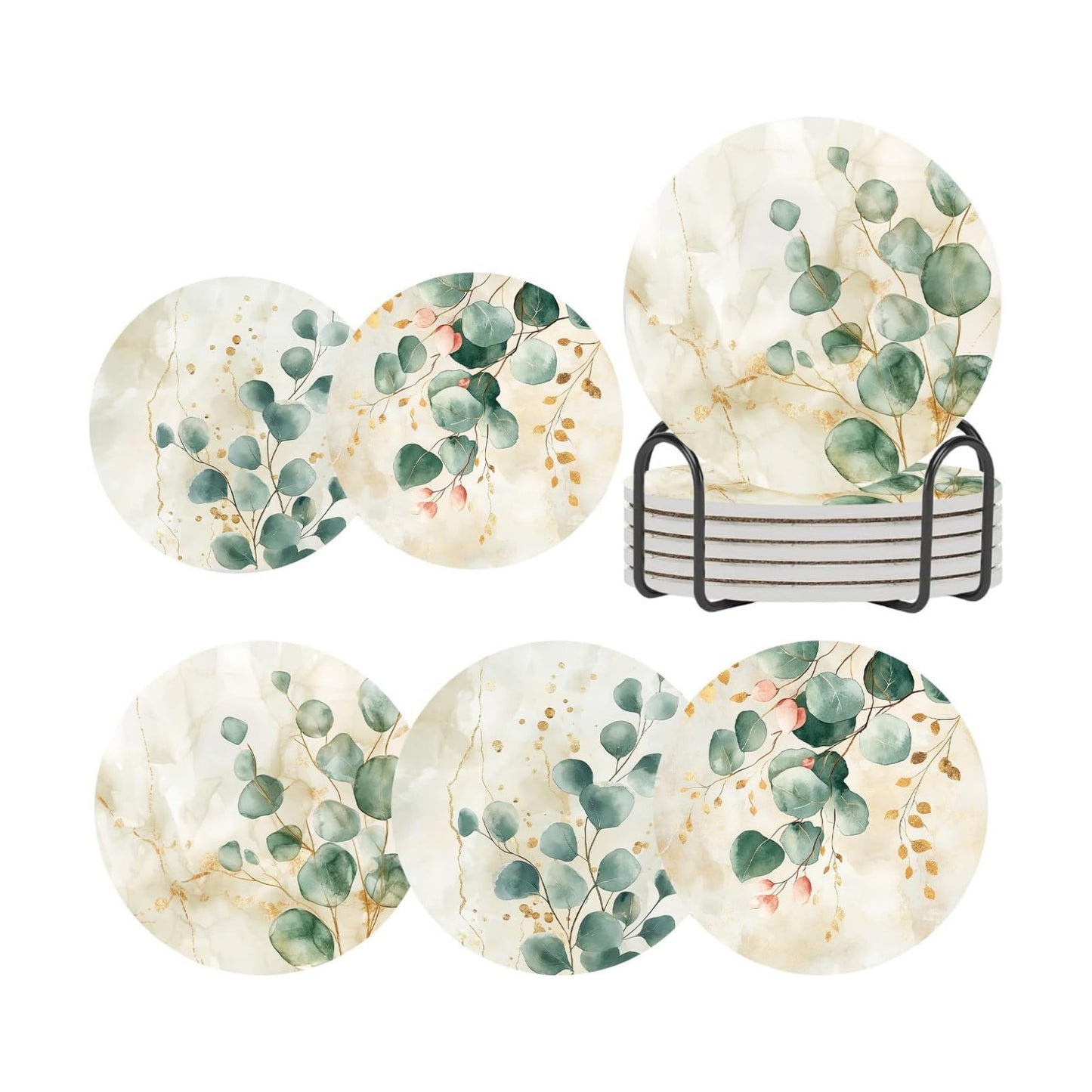 Round Absorbent Ceramic Stone Coaster / Eucalyptus Green Leaves Beige Marble / Set of 6