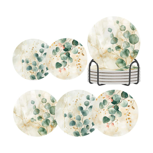 Round Absorbent Ceramic Stone Coaster / Eucalyptus Green Leaves Beige Marble / Set of 6