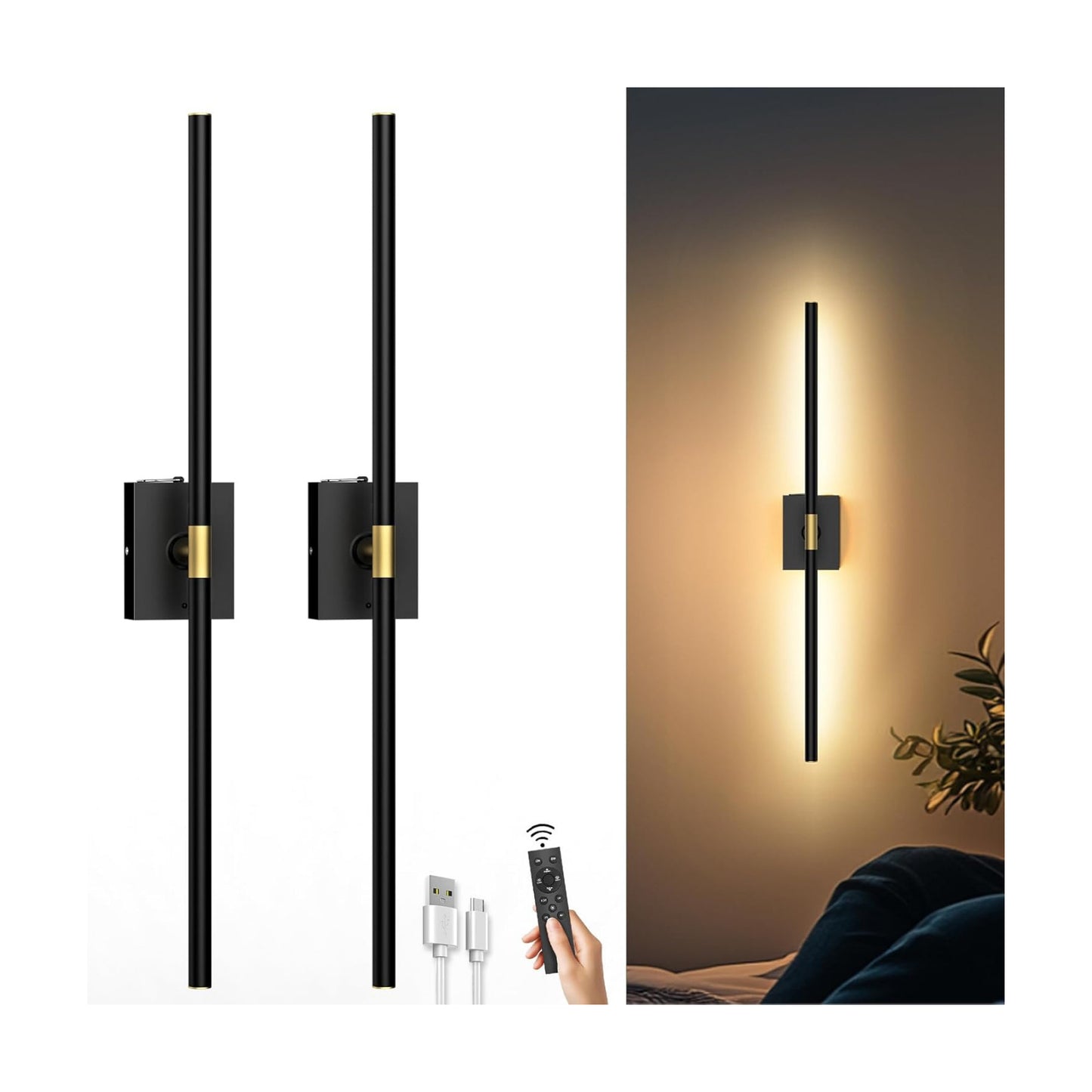 Battery Operated Wall Sconces Set of 2, 10000mAh, Black | Detachable rechargeable battery, 31.5" wireless lighting for
