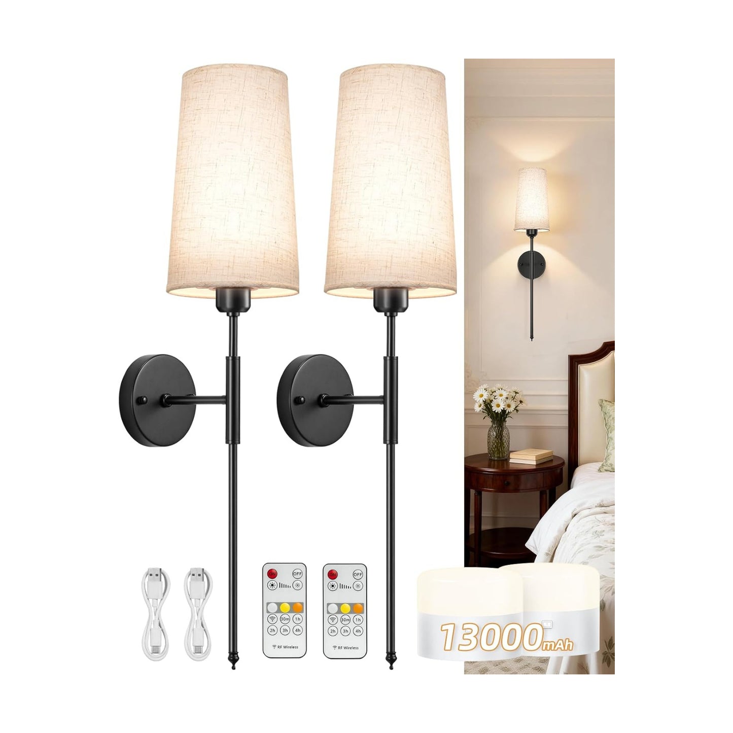 Battery Operated Wall Sconce Set of 2, 13000mAh Rechargeable Battery Powered Sconces with Remote Dimmable Fabric Shade