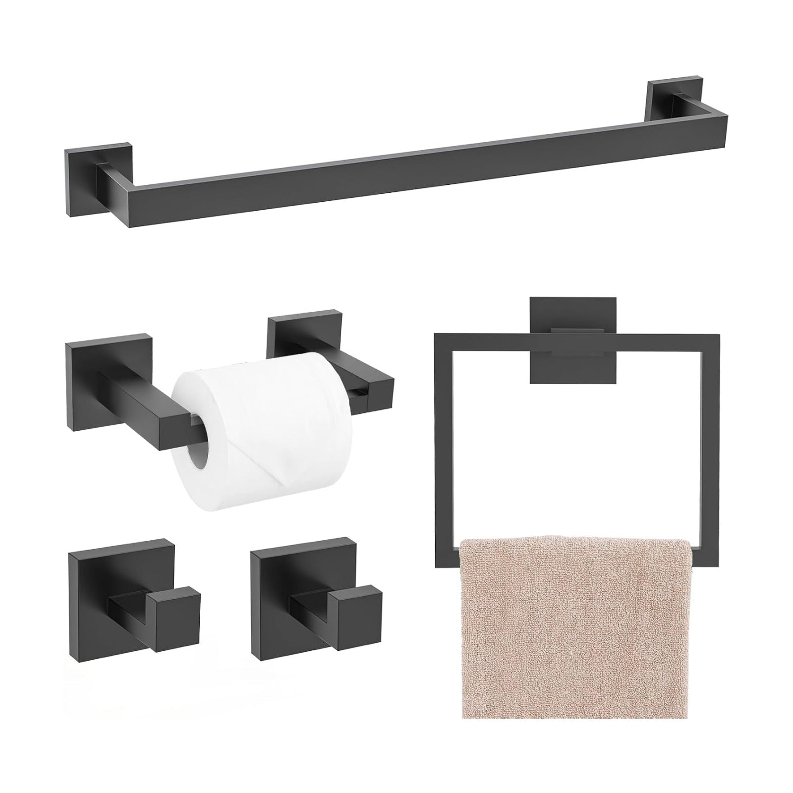TQKAG Matte Black Bathroom Hardware Accessories Set 5 Pieces, Double Post Pivoting Toilet Paper Holder Set Stainless