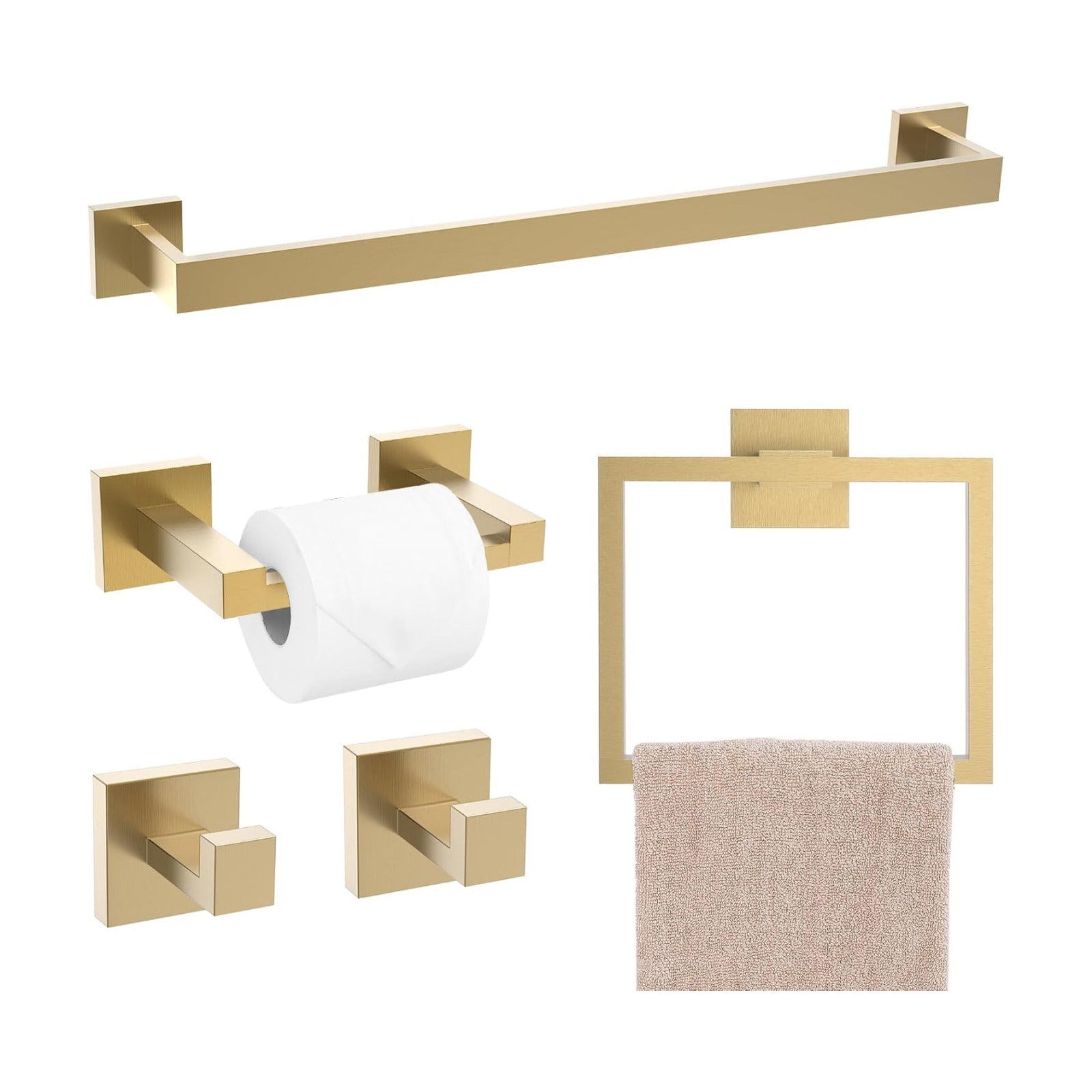 TQKAG Brushed Gold Bathroom Hardware Accessories Set 5 Pieces, Double Post Pivoting Toilet Paper Holder Set Stainless