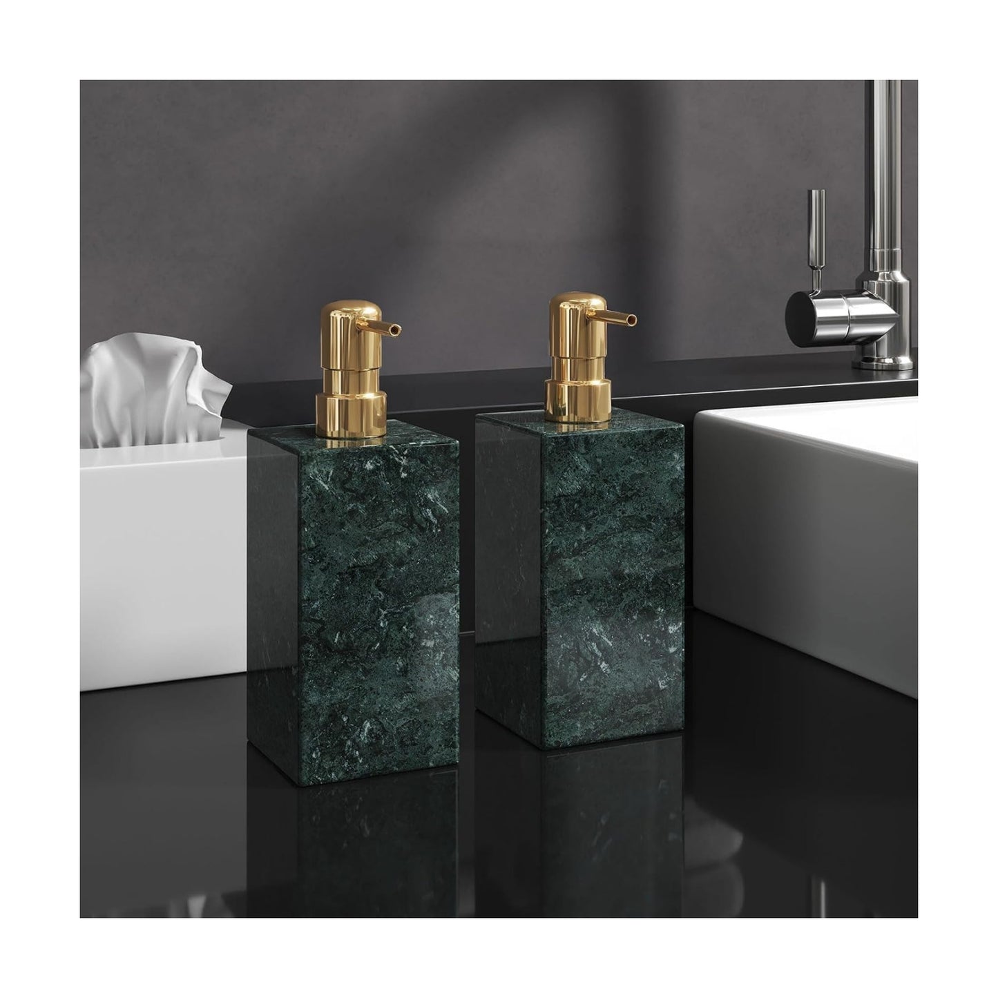 2 Set Real Natural Marble Soap Dispenser with Stainless Steel Pump – Decorative Liquid Hand Soap Bottle for Kitchen &