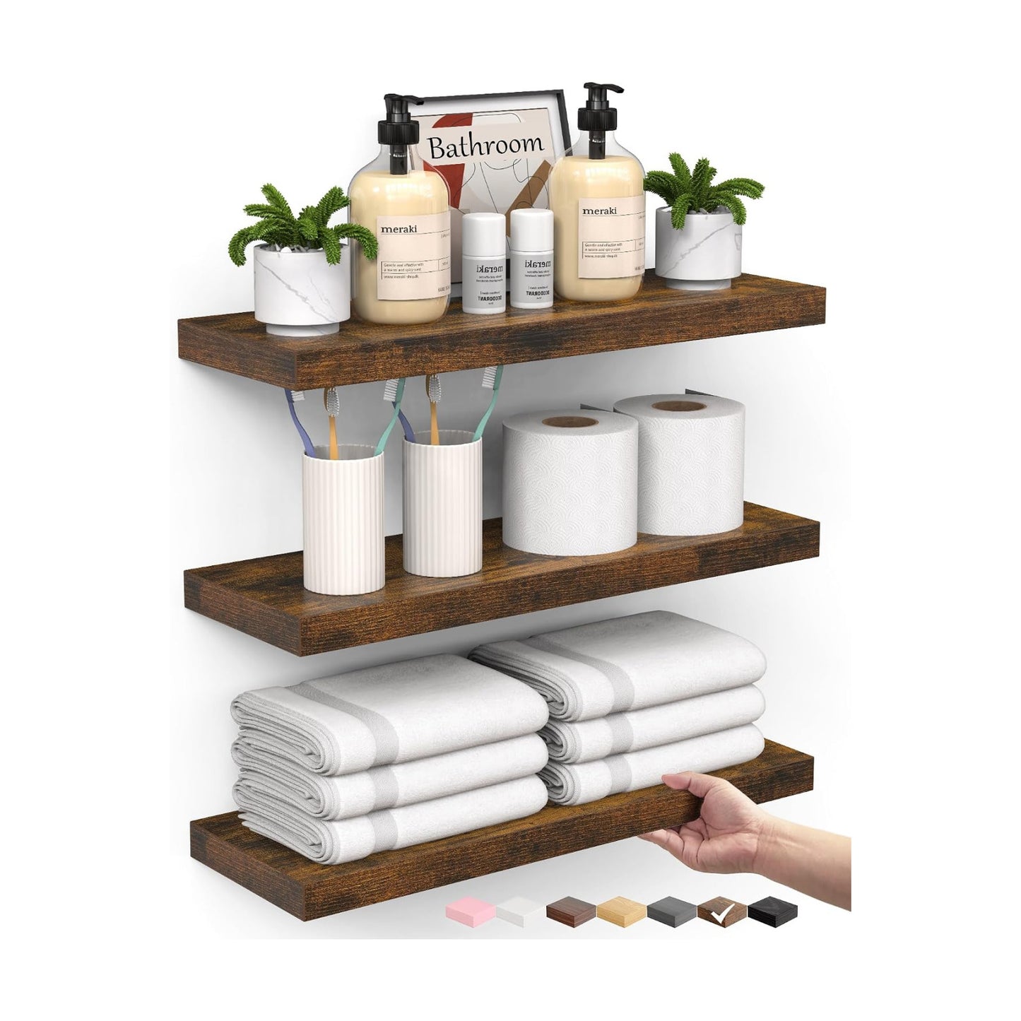 BAYKA Rustic Brown Bathroom Floating Shelves, 15.7in, 3Pk, Wall Mount Shelf