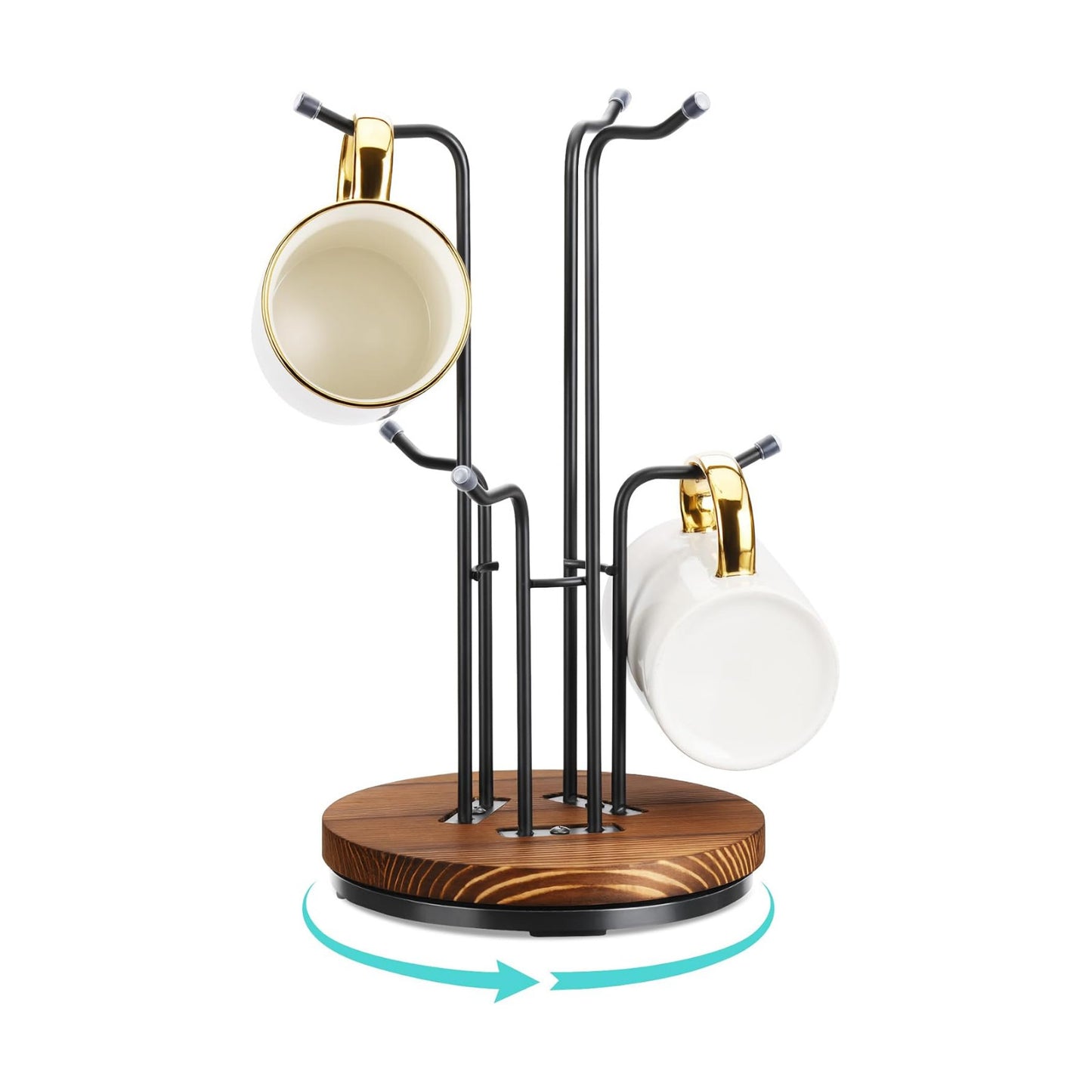 HULISEN 360° Rotating Mug Tree, Coffee Mug Holder for Large Cups, 6 Hooks | Cup Holder for Countertop, Stable Wooden