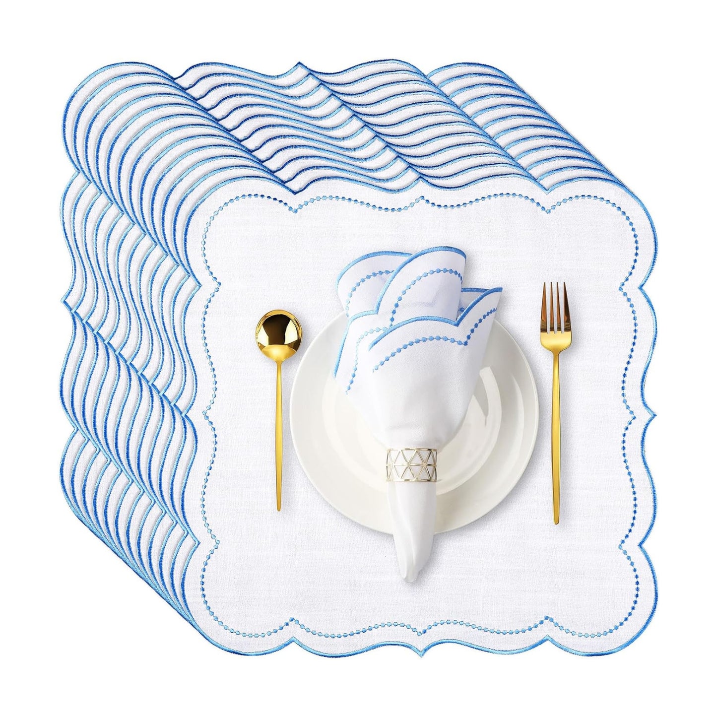 Hahafelt 12 Set Cloth Napkins 18x18inches Scalloped Embroidery Cloth Napkins Washable Polyester Table Dinner for Hotel