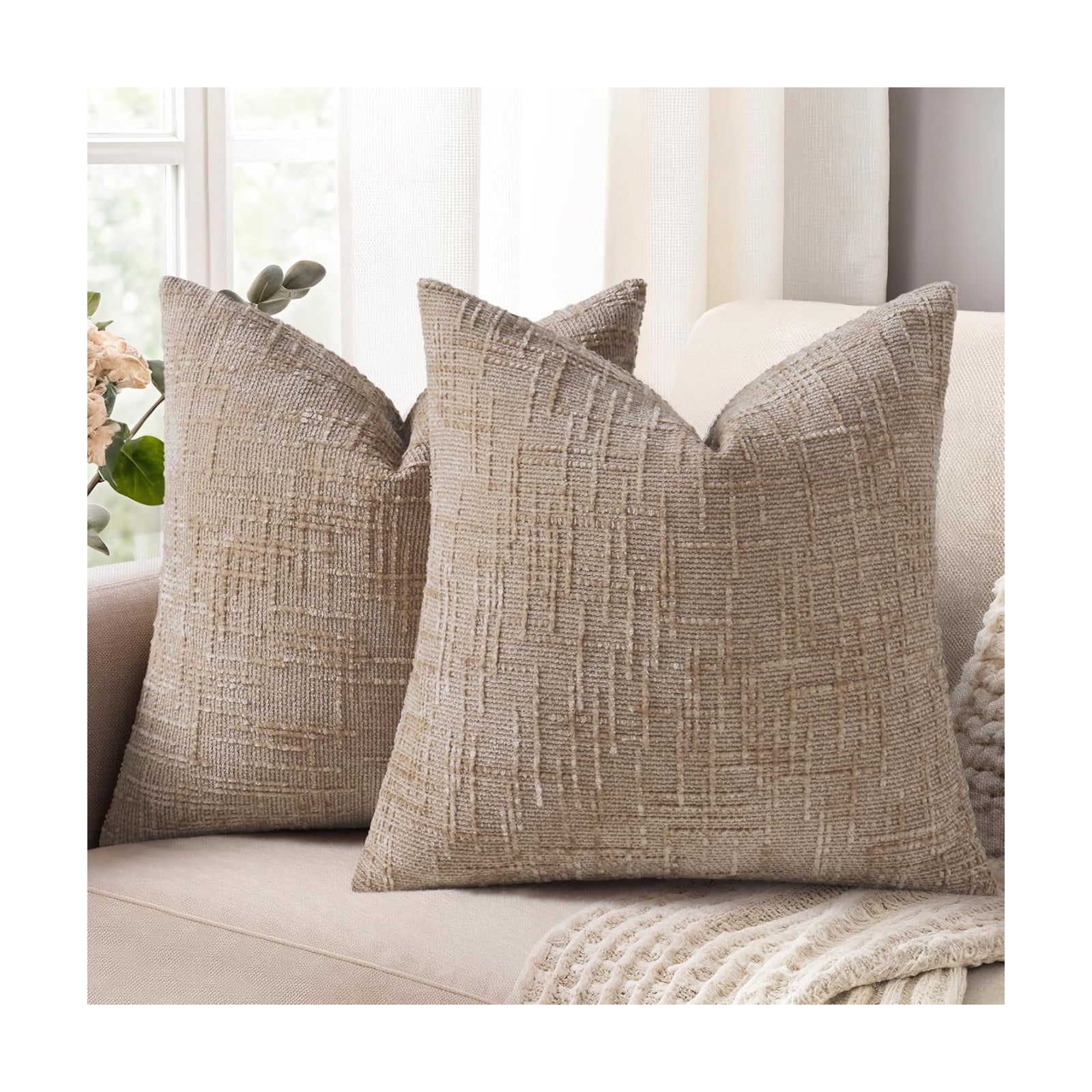 Fall Chenille Throw Pillow Covers Textured Soft Slubby Couch Pillow / Oatmeal / 18 x 18 / Set of 2