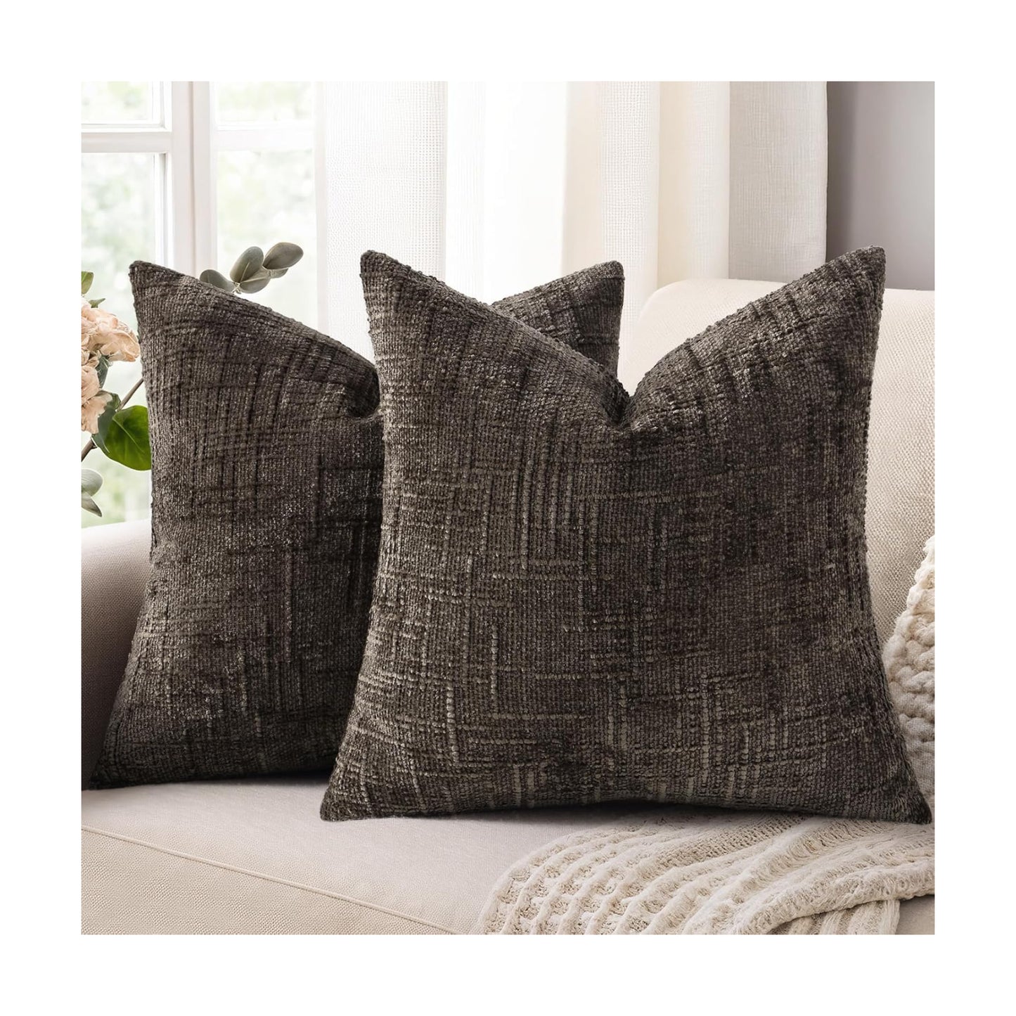 Fall Chenille Throw Pillow Covers Textured Soft Slubby Couch / Dark Brown / 18 x 18 / Set of 2