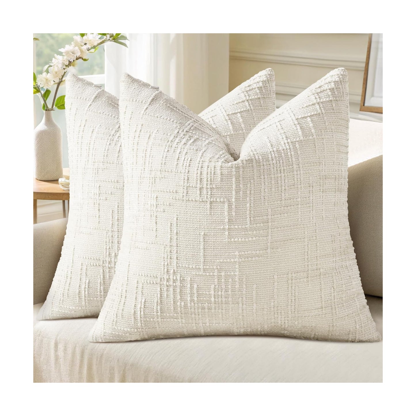 Fall Chenille Throw Pillow Covers Textured Soft Slubby Couch / Cream White / 18 x 18 / Set of 2
