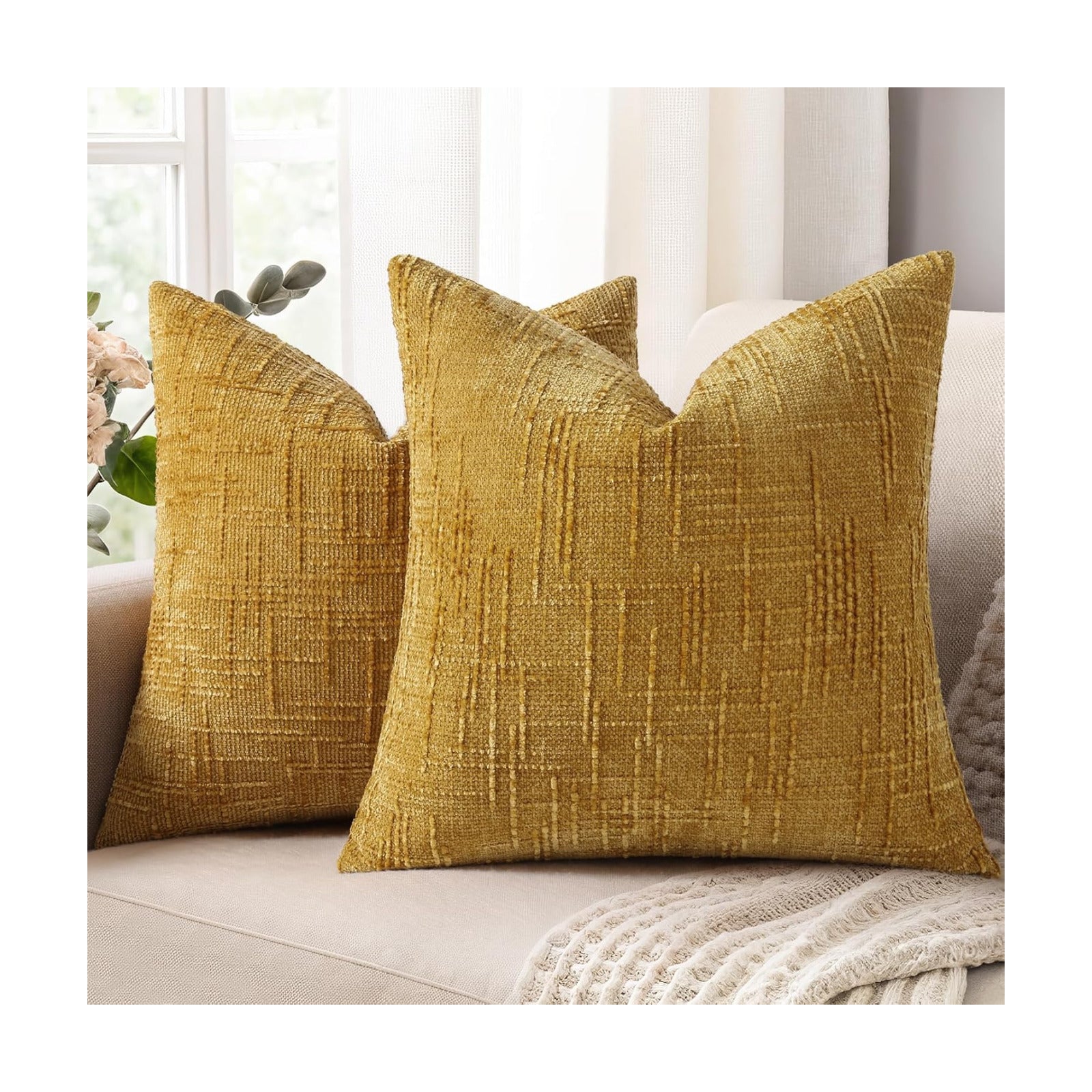Fall Chenille Throw Pillow Covers Textured Soft Slubby Couch / Mustard Yellow / 18 x 18 / Set of 2
