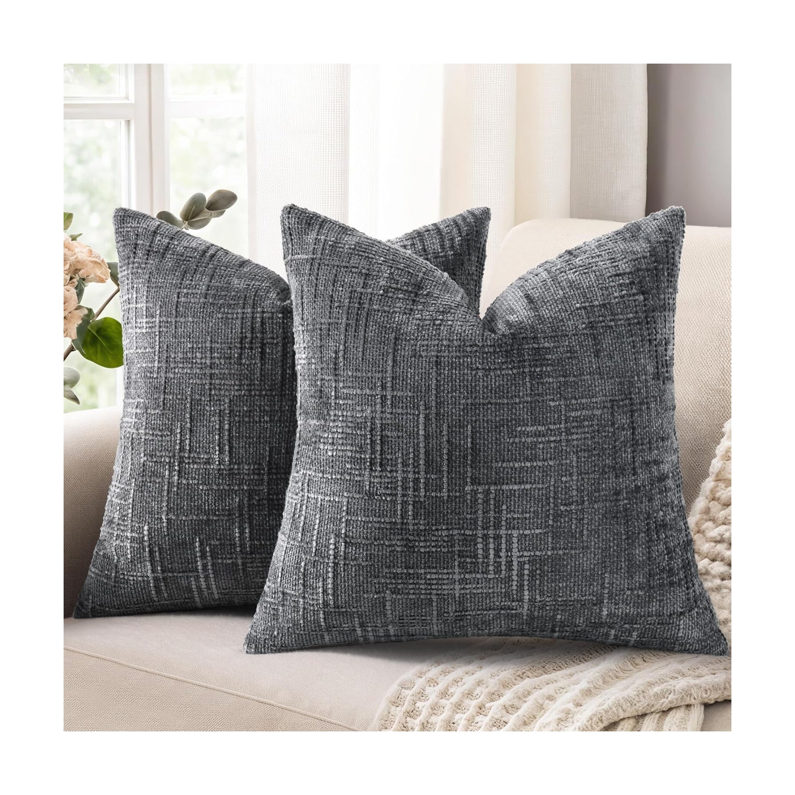 Fall Chenille Throw Pillow Covers Textured Soft Slubby Couch Pillow / Dark Grey / 18 x 18 / Set of 2