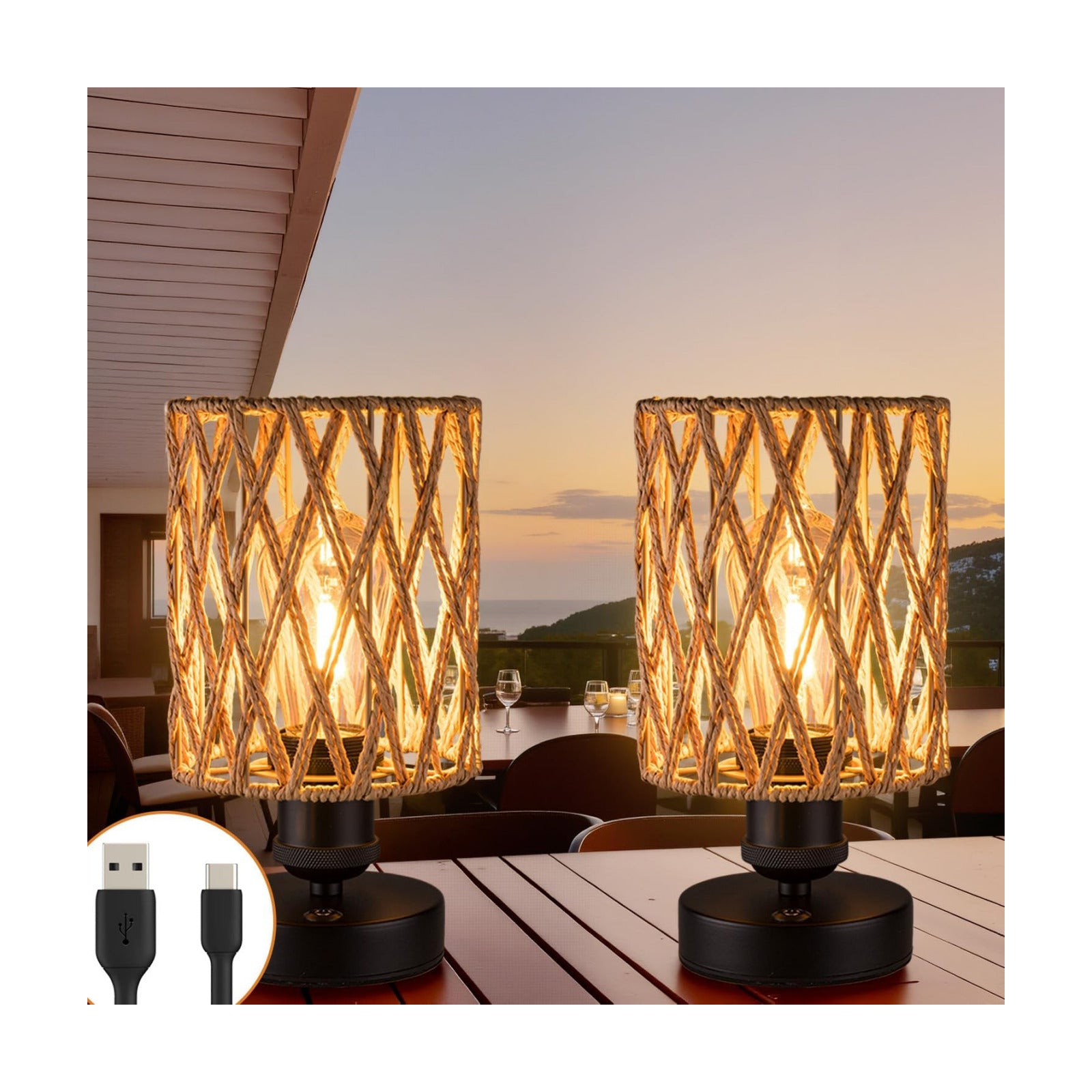 Cordless Outdoor Table Lamps, Small Rattan Boho, Rechargeable Battery Operated for Outdoor Patio, Home, Living Room