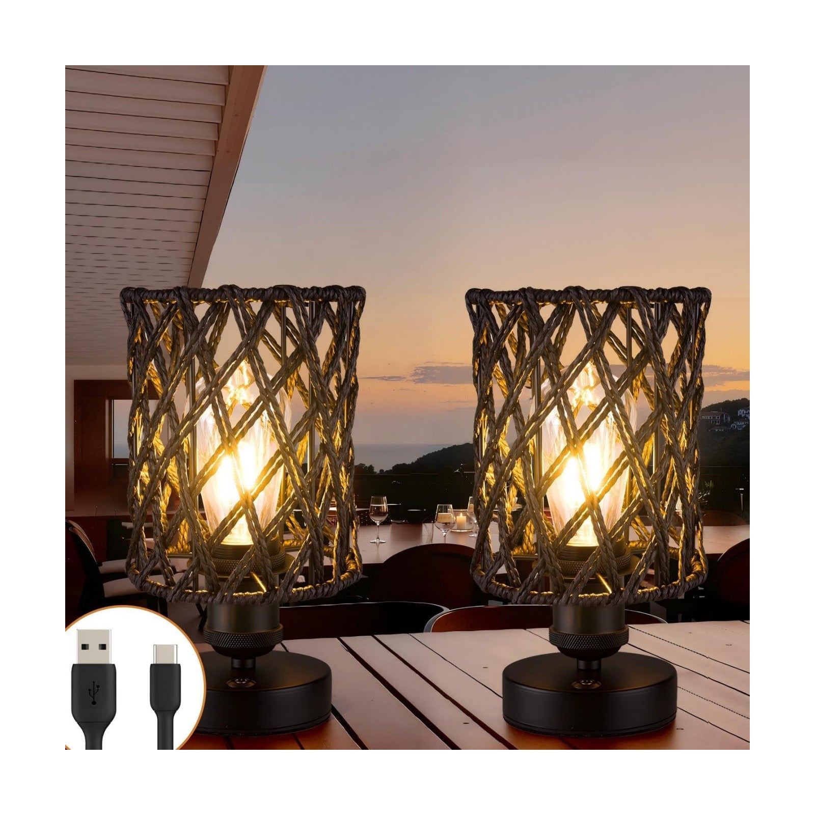 Cordless Outdoor Table Lamps, Small Rattan Boho, Rechargeable Battery Operated for Outdoor Patio, Home, Living Room