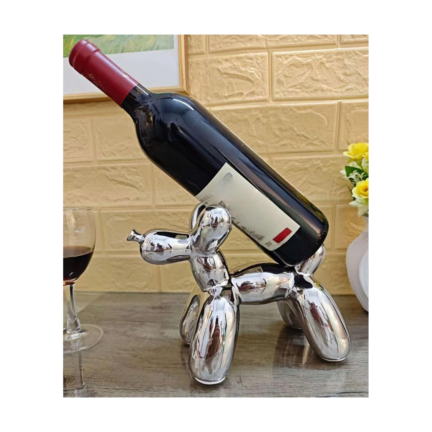 Creative Balloon Dog Wine Bottle Holder Doubles as Standalone Statue Decor / Metallic Chrome Silver