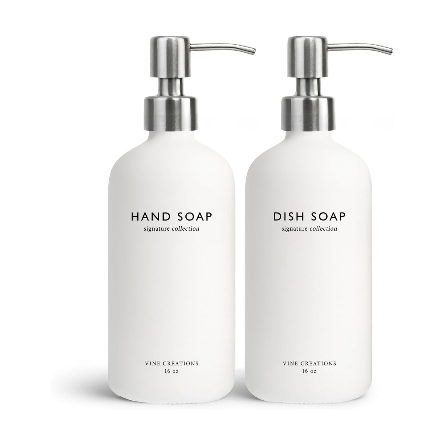Vine Creations White Glass Soap Dispenser Set, Dish Soap and Hand Soap Dispenser Set with Stainless Steel Pump, 16 oz
