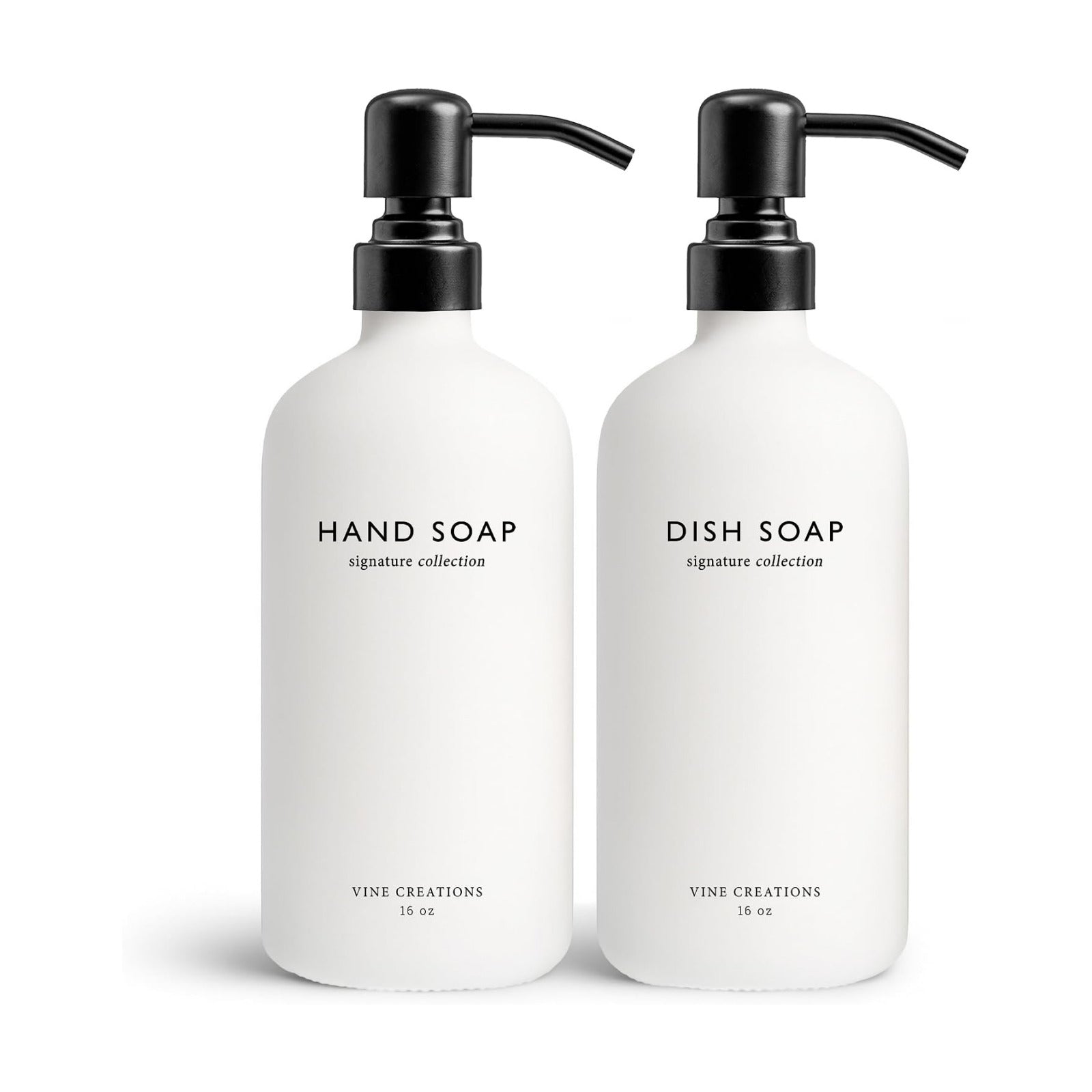 Vine Creations White Glass Soap Dispenser Set, Dish Soap and Hand Soap Dispenser Set with Stainless Steel Pump, 16 oz