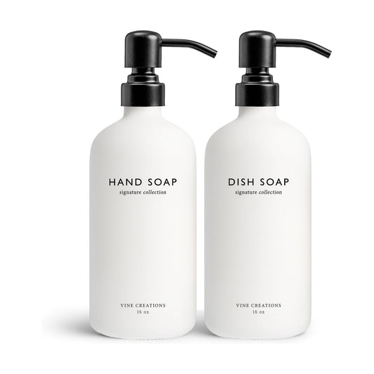Vine Creations White Glass Soap Dispenser Set, Dish Soap and Hand Soap Dispenser Set with Stainless Steel Pump, 16 oz