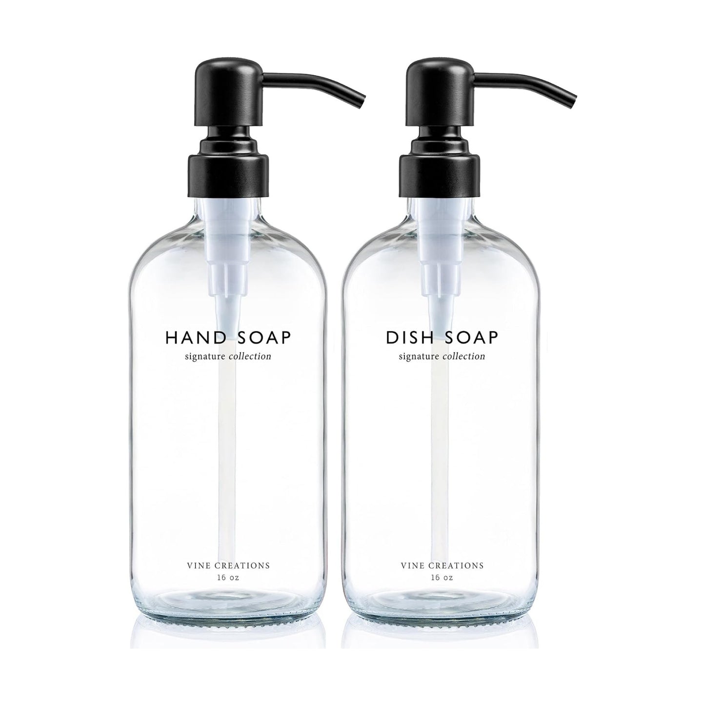 Vine Creations Clear Glass Soap Dispenser Set, Dish Soap and Hand Soap Dispenser Set with Stainless Steel Pump, 16 oz