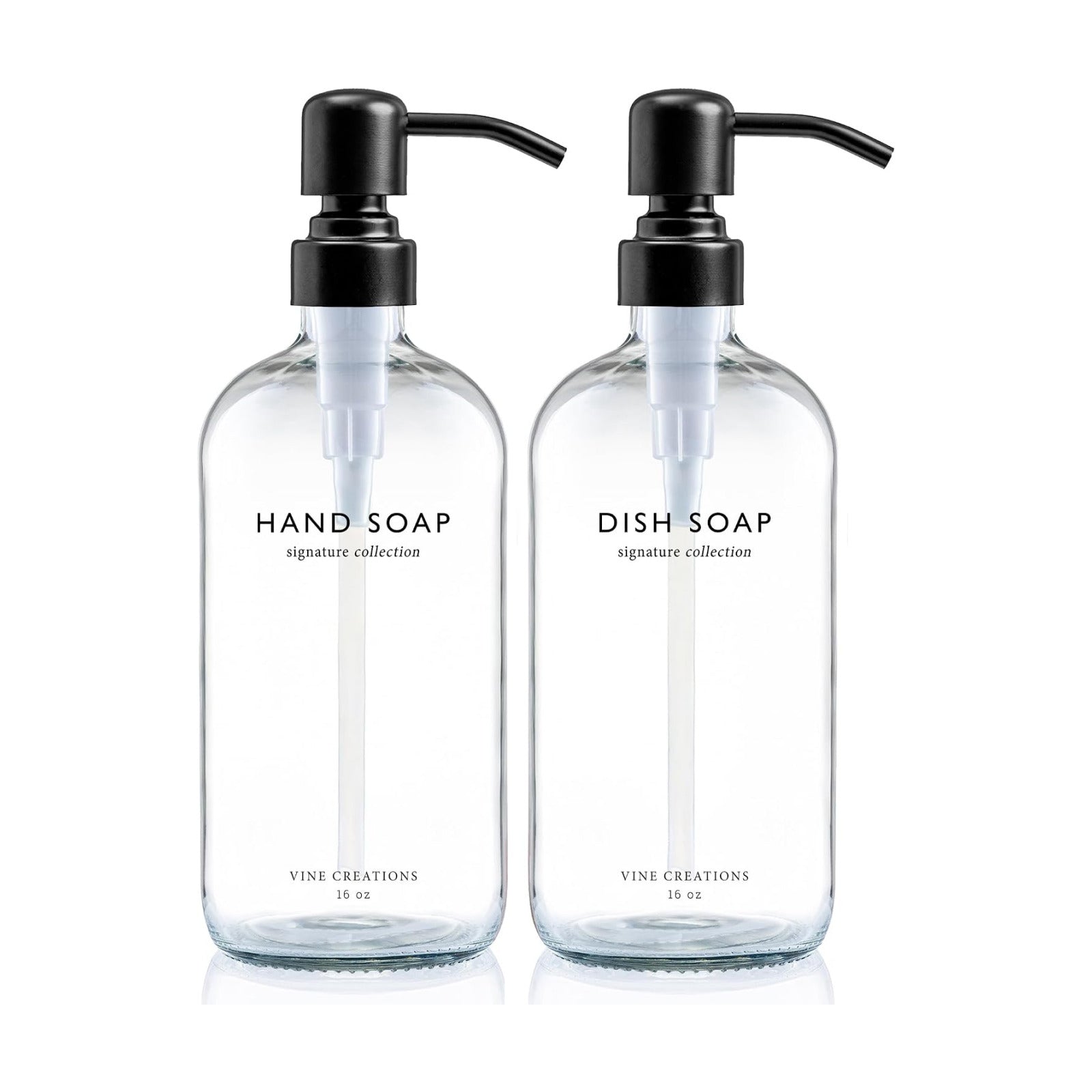 Vine Creations Clear Glass Soap Dispenser Set, Dish Soap and Hand Soap Dispenser Set with Stainless Steel Pump, 16 oz