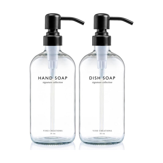 Vine Creations Clear Glass Soap Dispenser Set, Dish Soap and Hand Soap Dispenser Set with Stainless Steel Pump, 16 oz