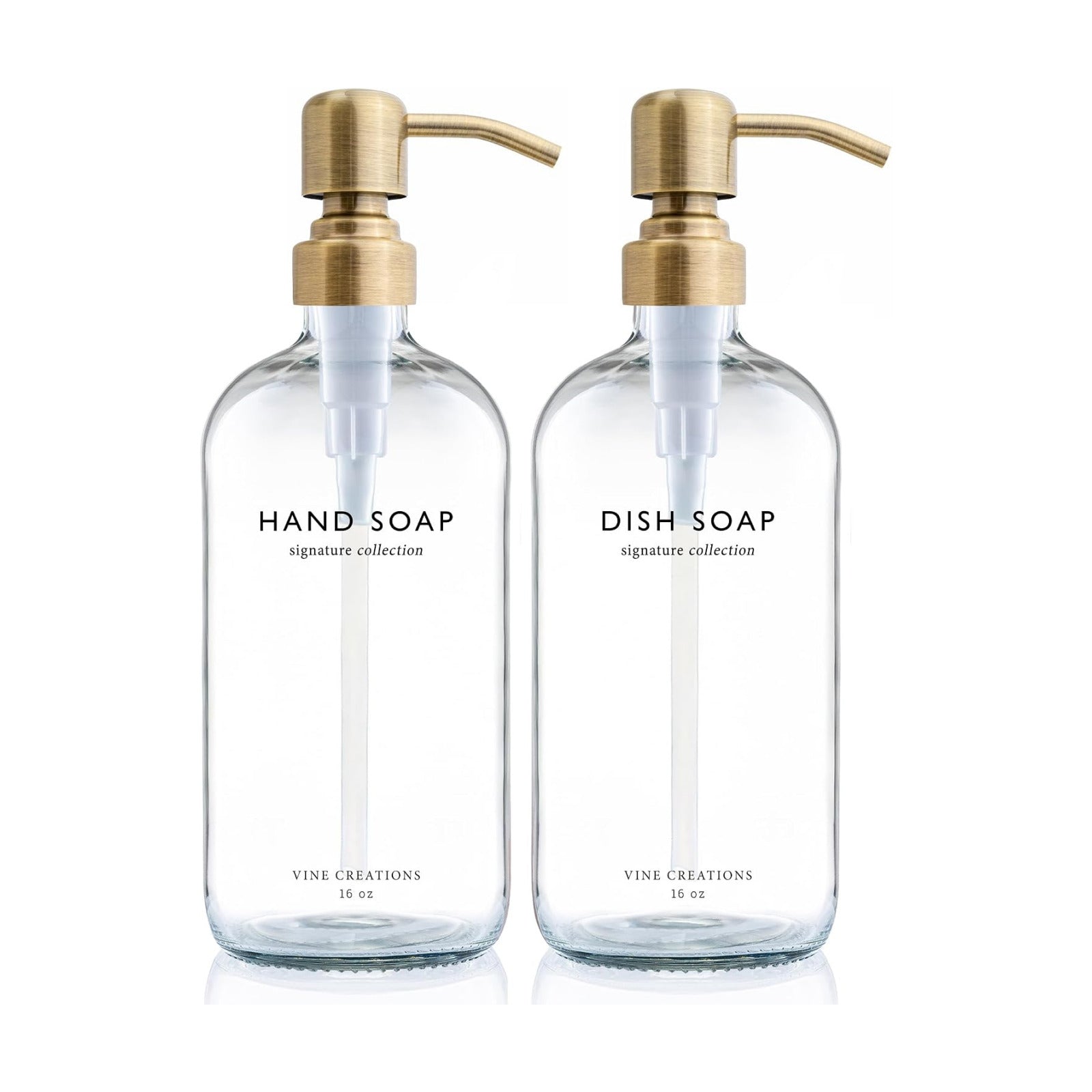 Vine Creations Clear Glass Soap Dispenser Set, Dish Soap and Hand Soap Dispenser Set with Stainless Steel Pump, 16 oz