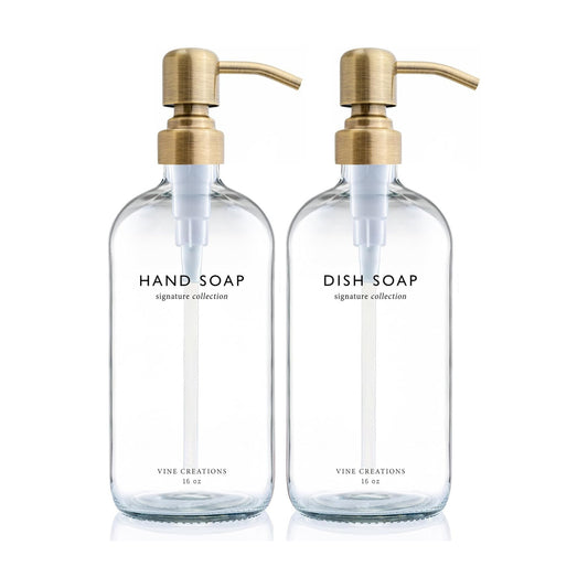 Vine Creations Clear Glass Soap Dispenser Set, Dish Soap and Hand Soap Dispenser Set with Stainless Steel Pump, 16 oz