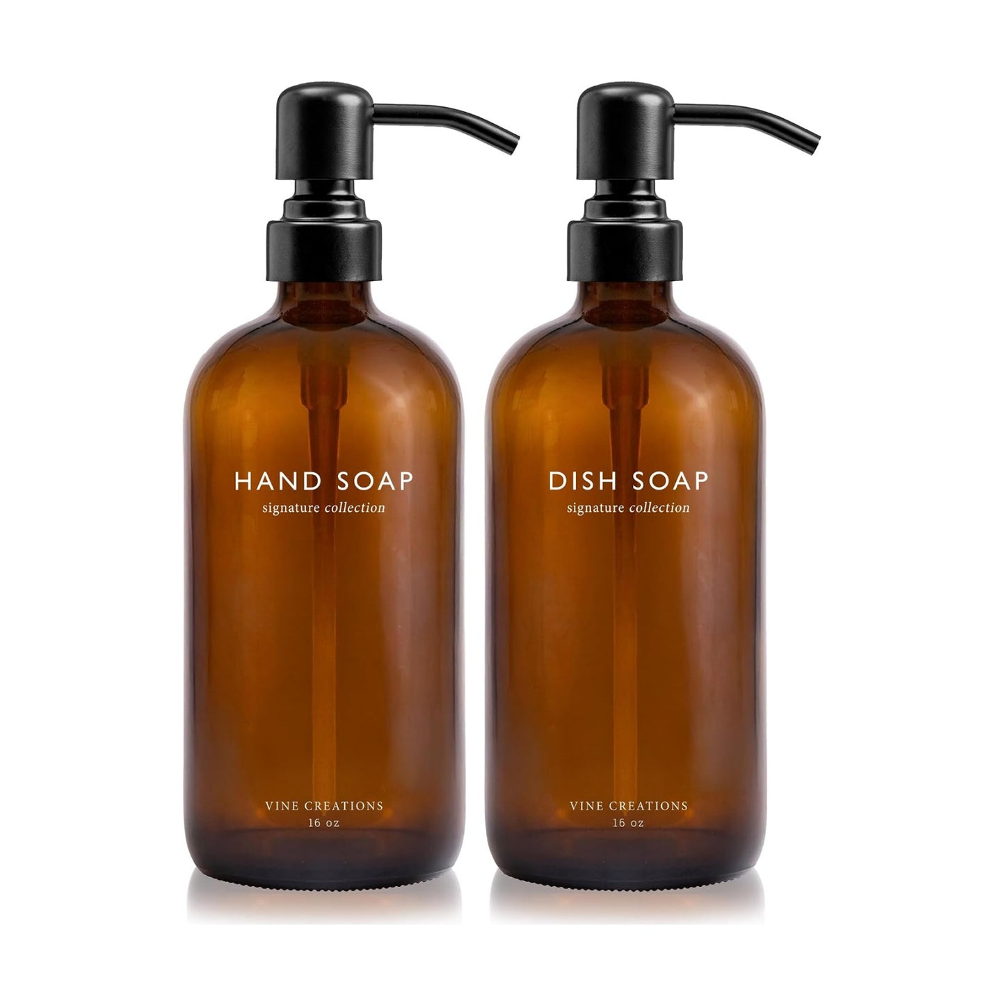 Vine Creations Amber Glass Soap Dispenser Set, Dish Soap and Hand Soap Dispenser Set with Stainless Steel Pump, 16 oz