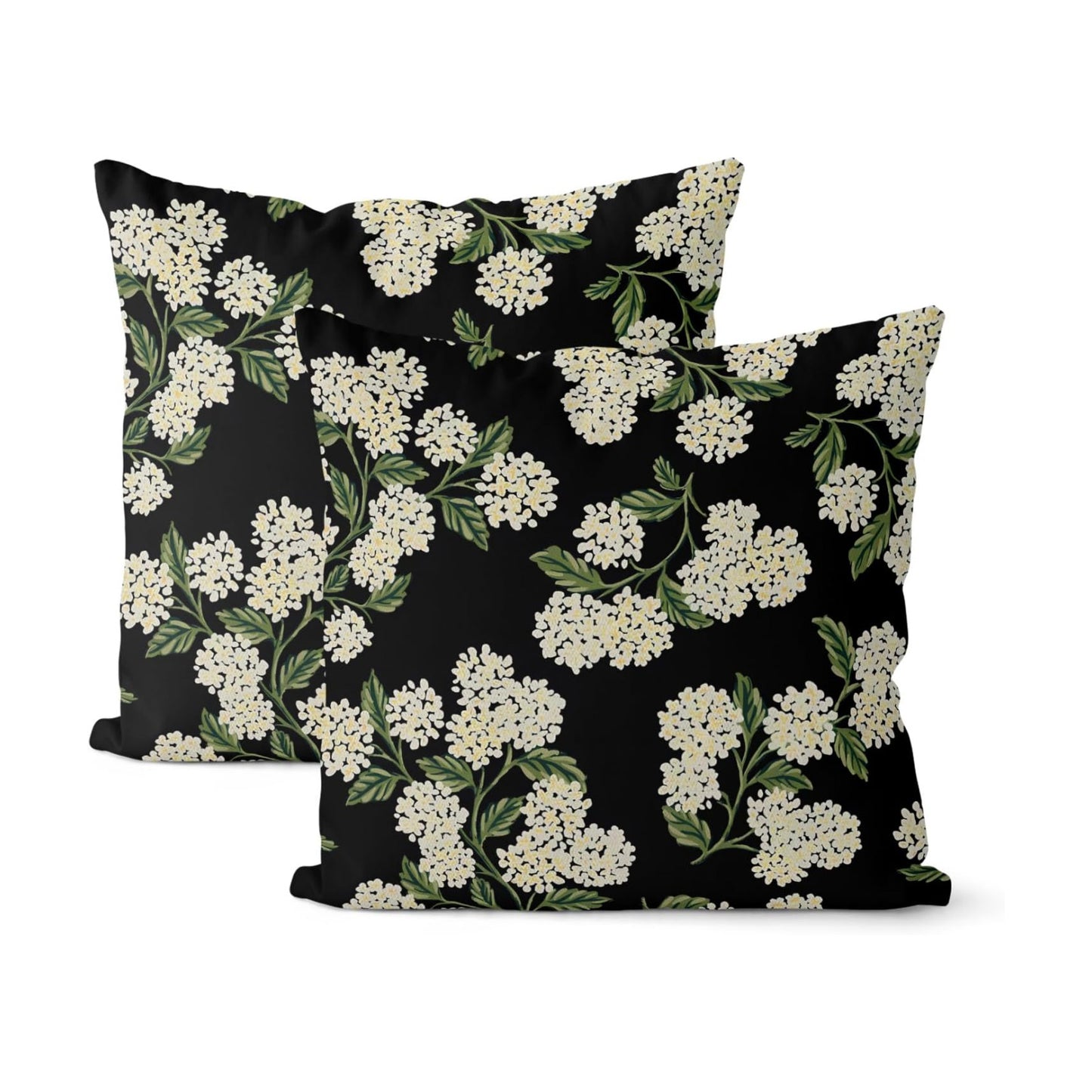Black Spring Pillow Covers Green Hydrangea Flower Decor Throw / 18 x 18 / Black Hydrangea / Set of 2