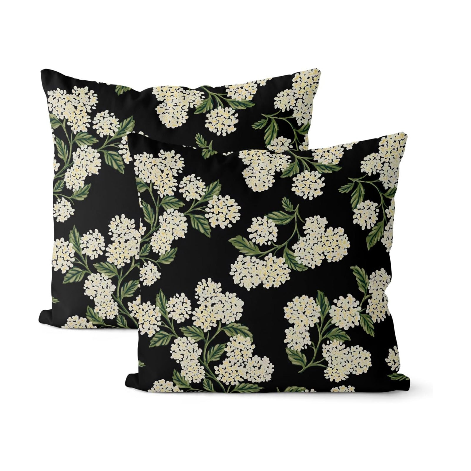 Black Spring Pillow Covers Green Hydrangea Flower Decor Throw / 18 x 18 / Black Hydrangea / Set of 2