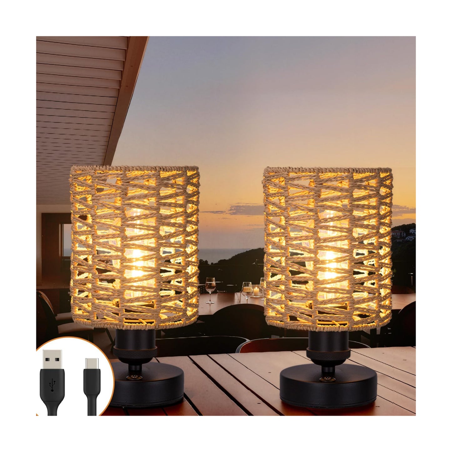 Cordless Outdoor Table Lamps, Small Rattan Boho, Rechargeable Battery Operated for Outdoor Patio, Home, Living Room