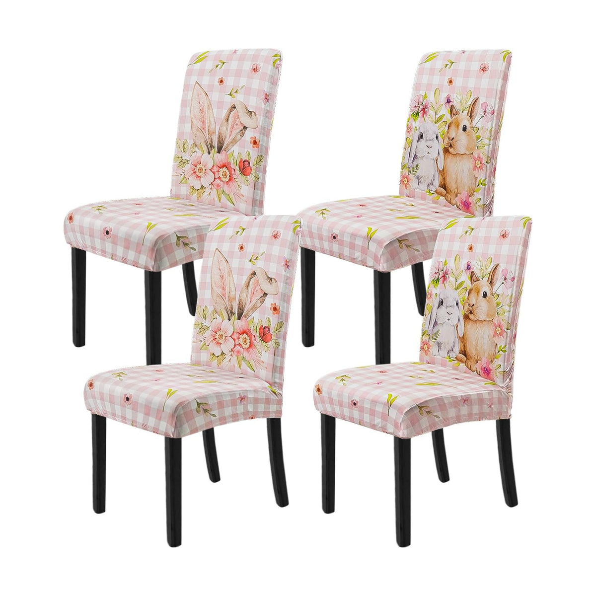 Easter Chair Covers Set of 4 Spring Pink Bunny Floral Buffalo Plaid Dining Room Slipcovers Stretch Parsons Chair Seat Protectors Spring Easters Decor-4PCS