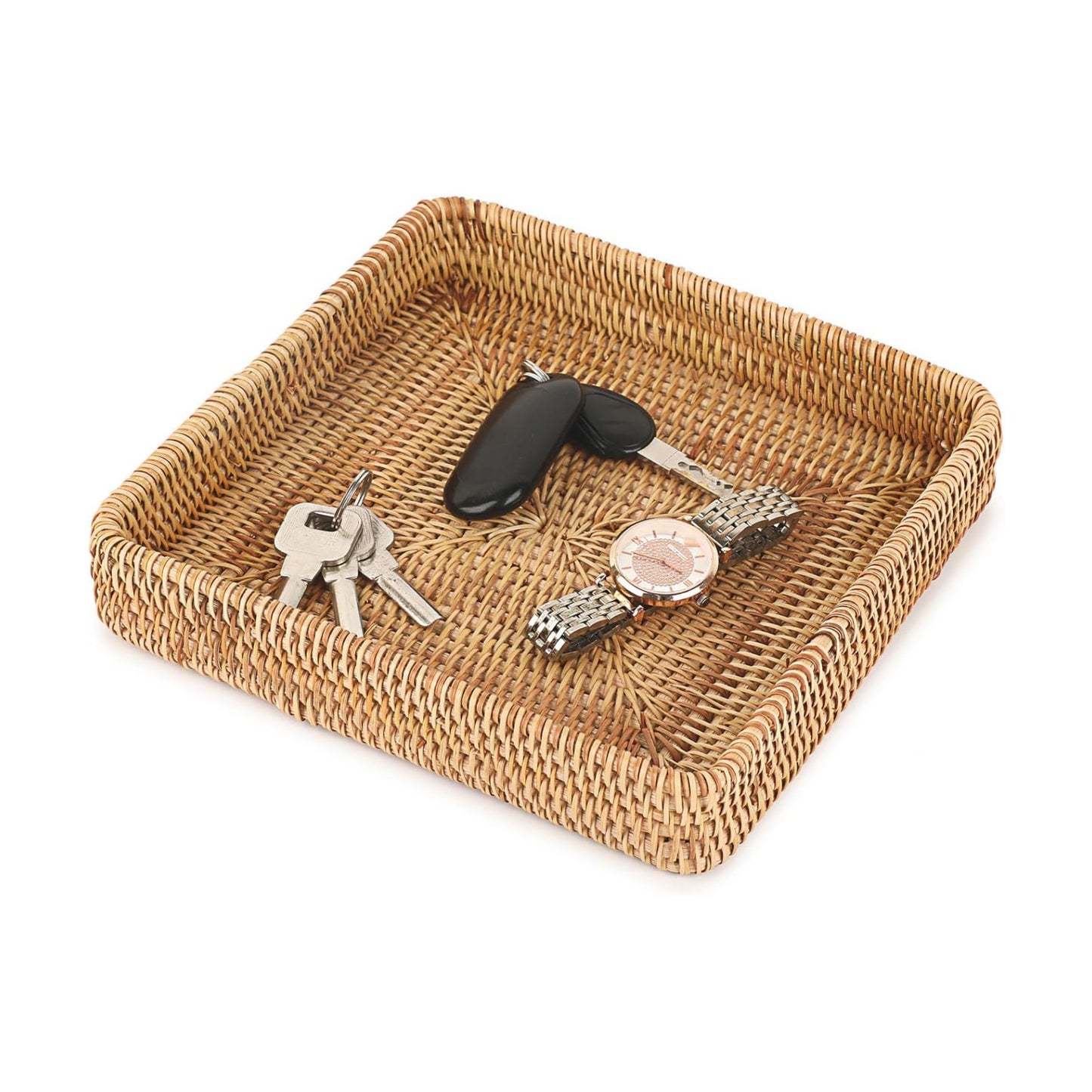Key Basket Tray for Entryway Table Rattan Serving Tray Handwoven / 8.1 x 8.1 x 1.4 / Natural Color